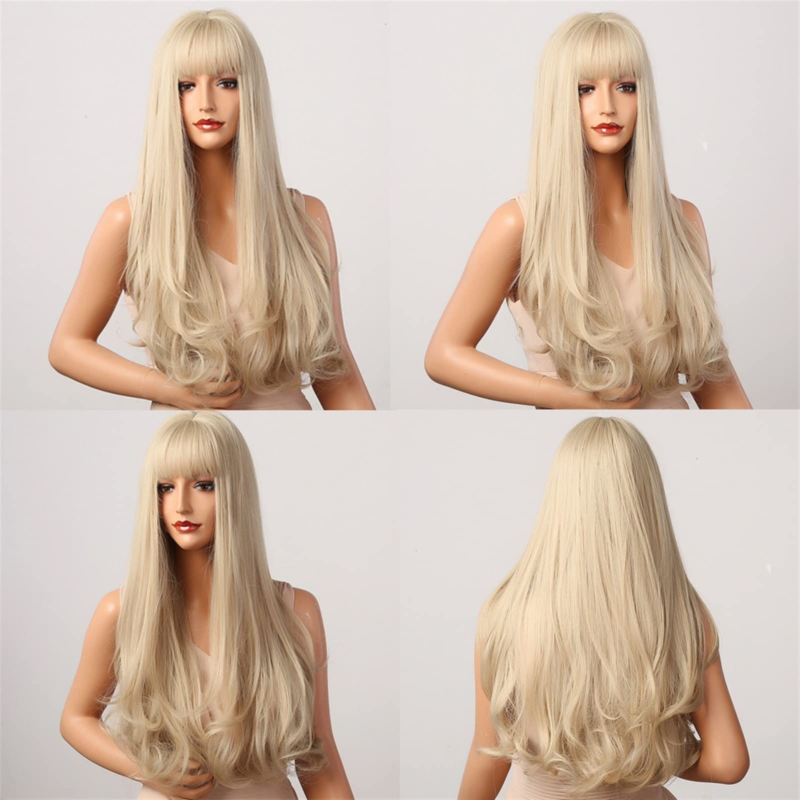 Human Hair Wigs Parrucca Parrucche lunghe ondulate naturali for donna, parrucca bionda platino da 24 pollici con frangia Parrucca sintetica resistente al calore for cosplay di feste quotidiane Natural