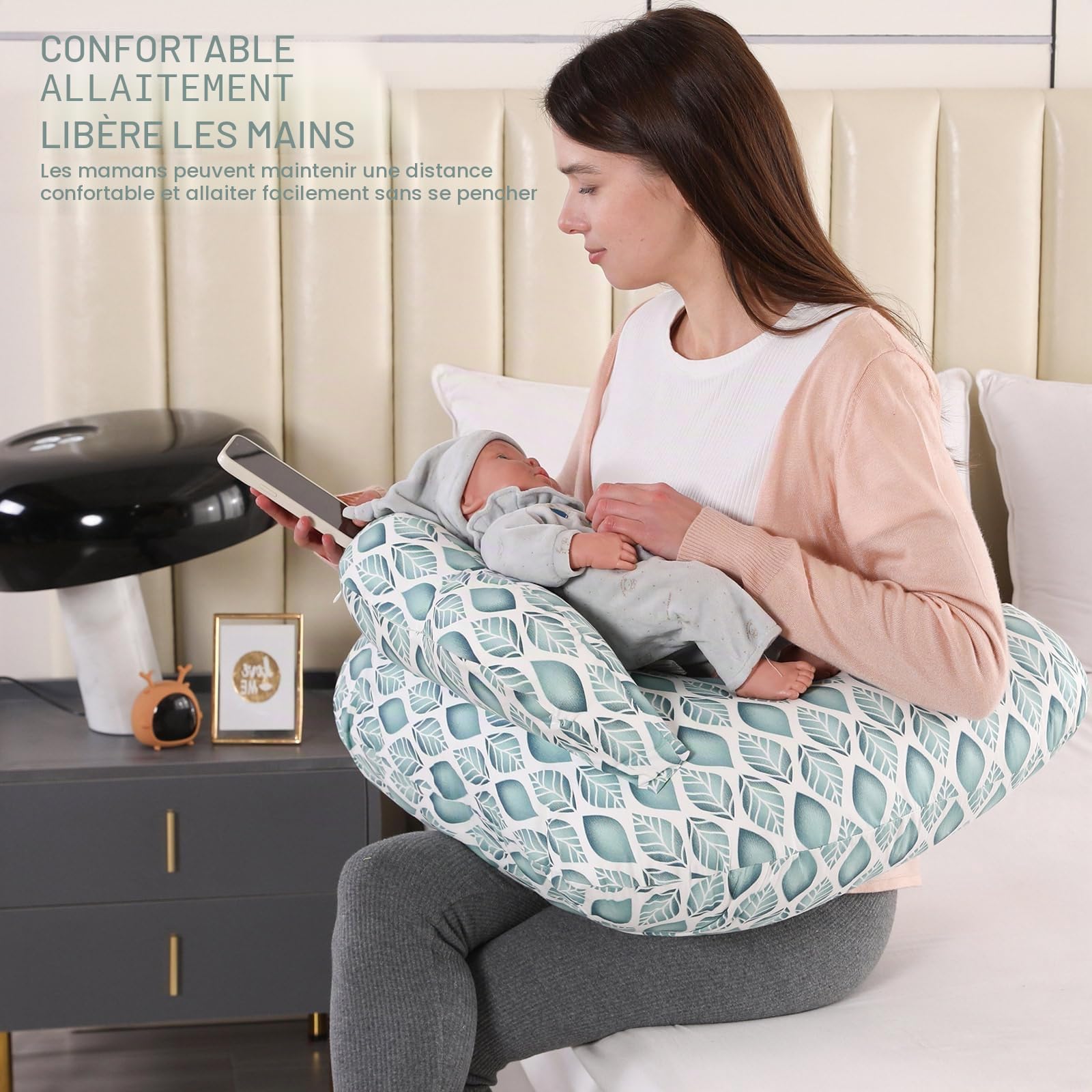 Coussin d'Allaitement pour Bébé : Oreiller de Maternité Ultra Doux, Coussin d'Allaitement pour Bébé avec Barrière de Sécurité, Coussin de Nourrissage Confortable Cadeau de Grossesse (Feuilles Vertes)