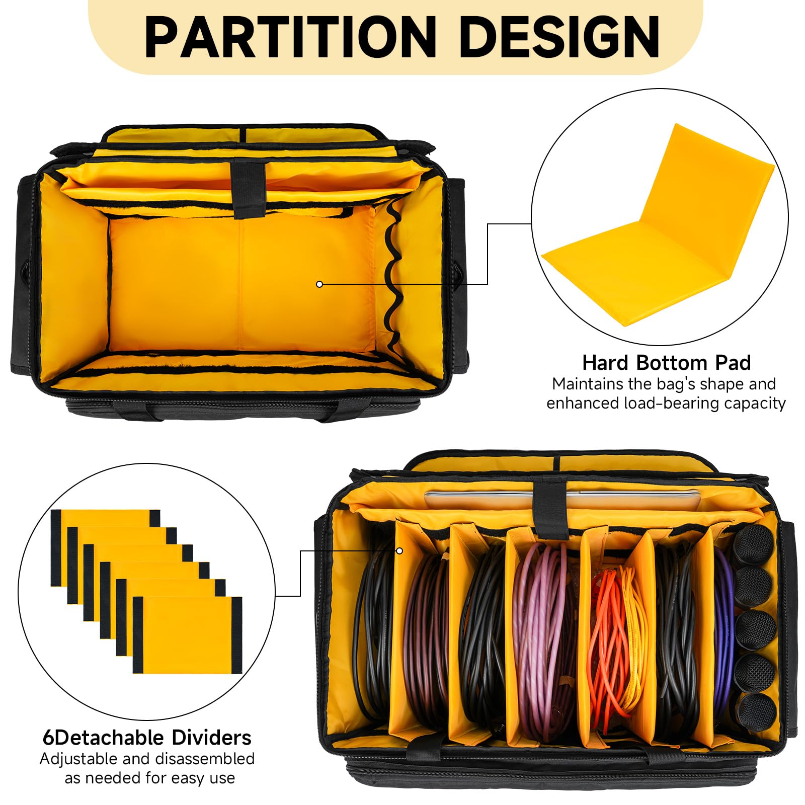 Grand sac pour matériel DJ avec 6 séparateurs amovibles,pochette pour câbles DJ avec emplacements pour ordinateur portable et microphone,sac de rangement pour matériel DJ,musiciens et accessoires