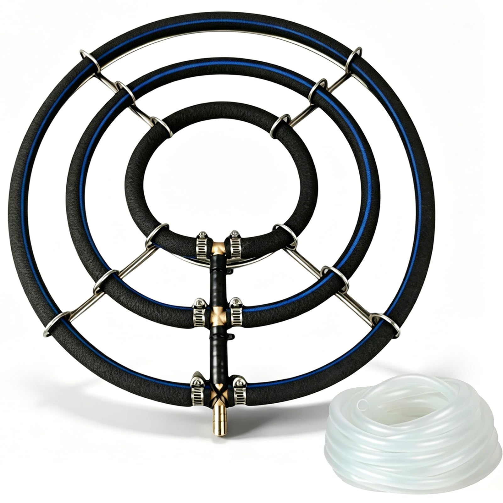 BRGD Belüfter Teich Belüfterring, Runder Sauerstoffdiffusor aus Edelstahl mit 5m Schlauch für Heimaquarien, Koi-Teiche, Zierfischteiche, Gartenteiche, Dreifach-Ring Ø35cm