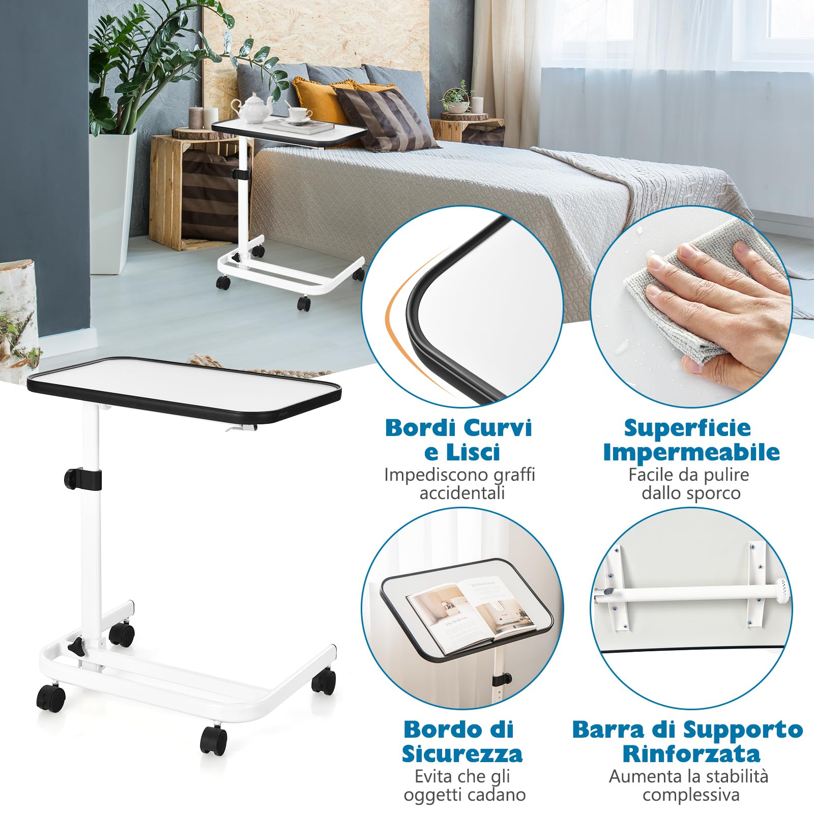 GYMAX Tavolo da Letto Tavolino Laterale con 4 Rotelle Universali, Angolo e Altezza Regolabile, Piano Inclinabile, a Forma di C, per Soggiorno, Camera da letto, Ospedale (Bianco)