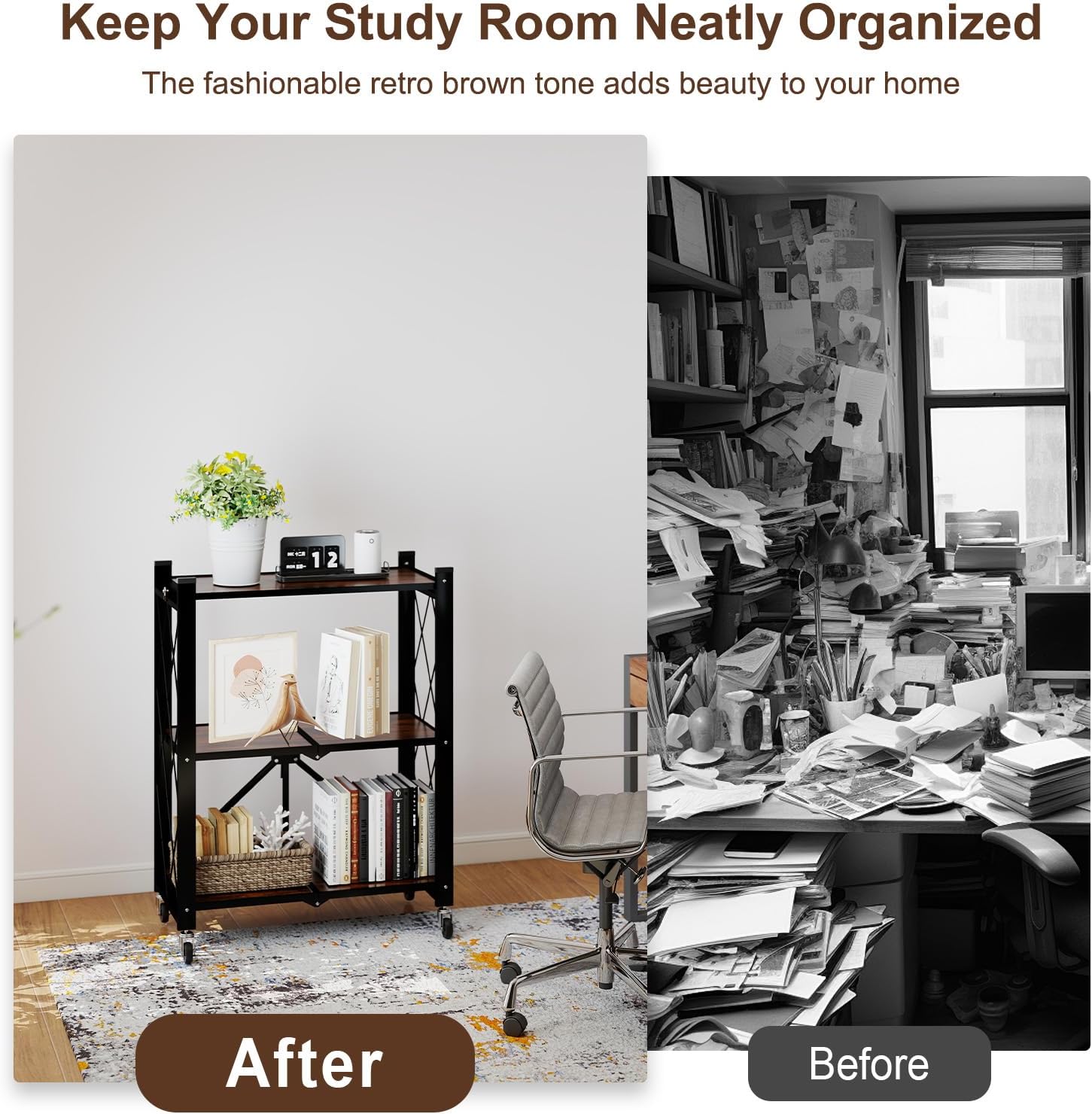 3 Tier Folding Shelf with Wheels, Wood and Metal Bookshelf, no Assembly Foldable Storage Shelves, Vintage Storage Rack for Living Room, Bedroom, and Home Office