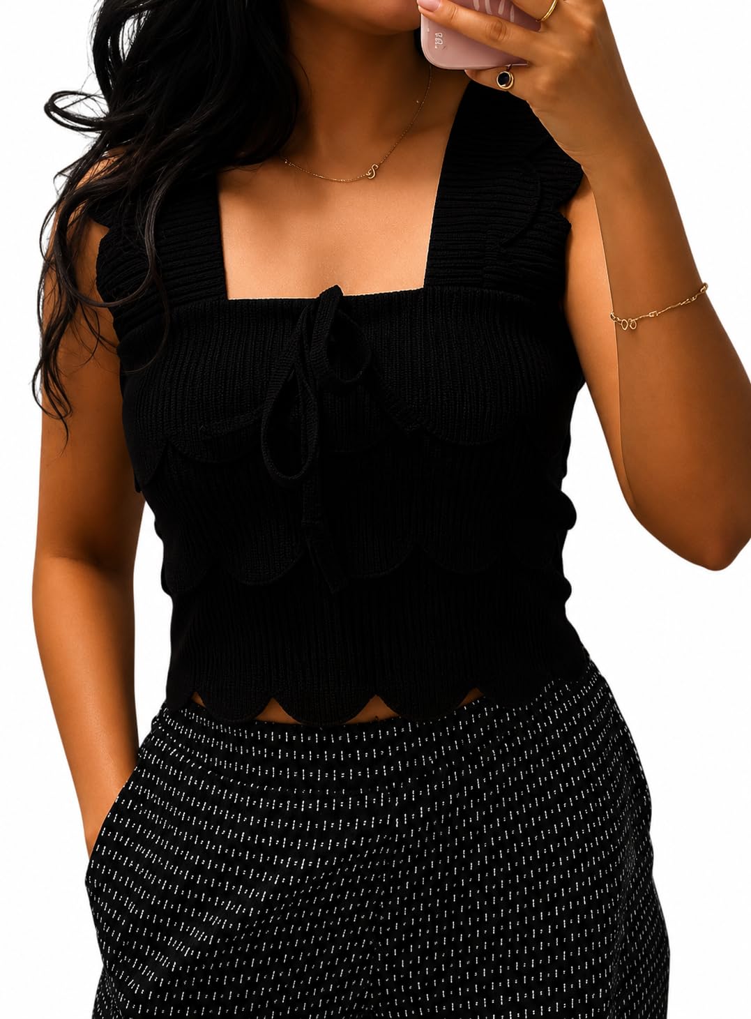 Women’s Scalloped Layered Crop Top (in, Alpha, L, Regular, Black)