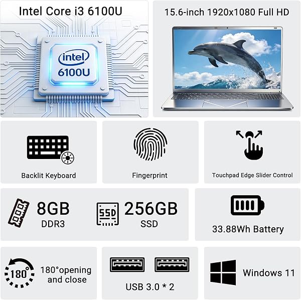 15.6 Inch Core i3 Notebook, Win 11 Business 8GB RAM 256GB SSD, Dual USB 3.0, Keyboard with Fingerprint Reader/Backlit - 2