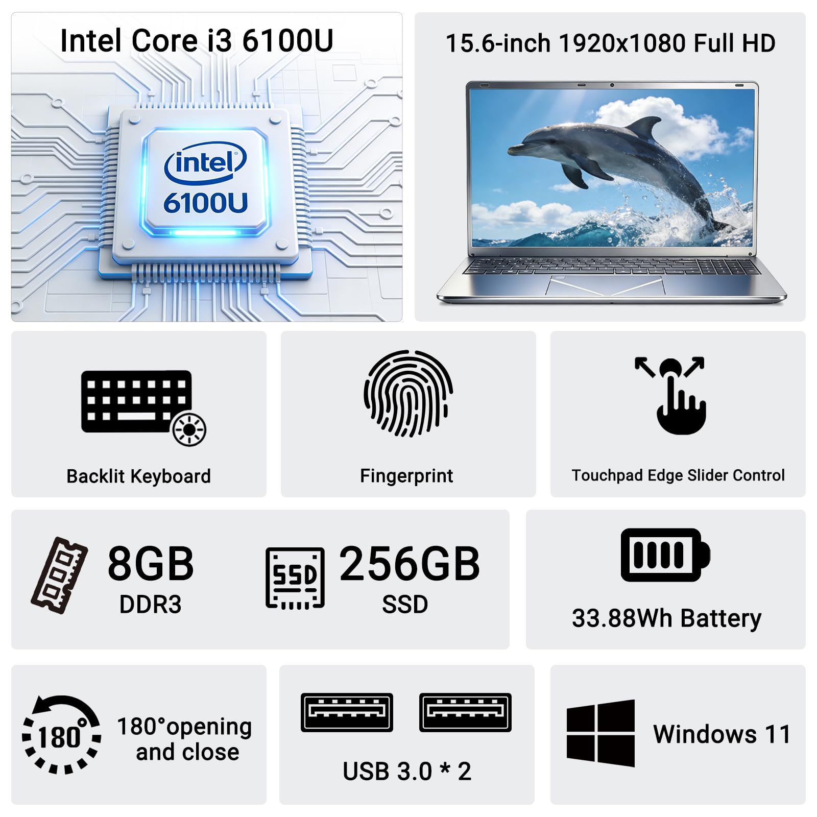 15.6 Inch Core i3 Notebook, Win 11 Business 8GB RAM 256GB SSD, Dual USB 3.0, Keyboard with Fingerprint Reader/Backlit - 2