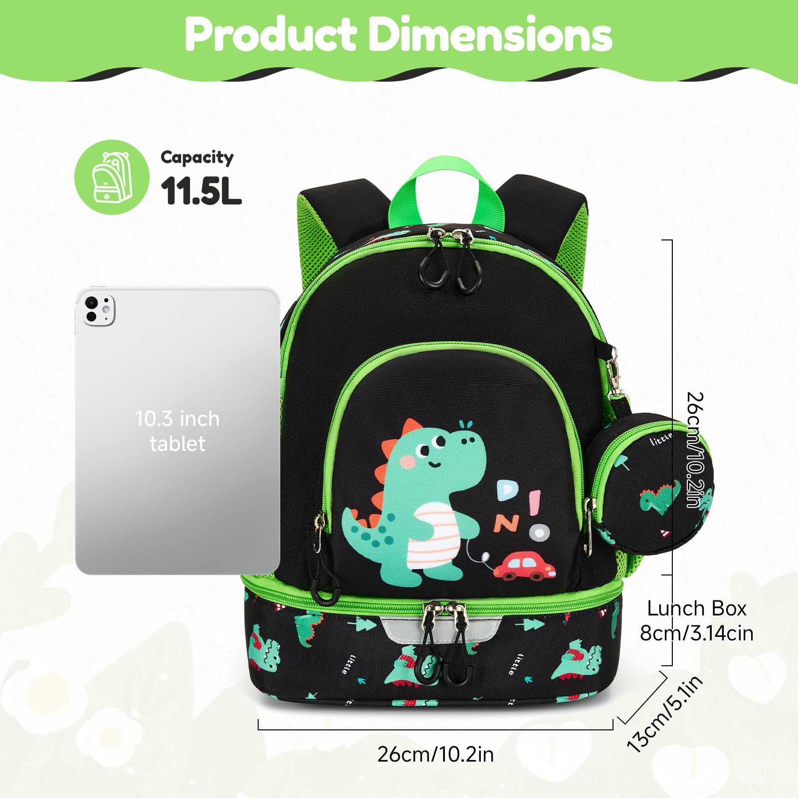 PROTAURI Sac à Dos Enfant Maternelle Garçons, Cartable Ecole Avec Porte-Monnaie, Sangle de Poitrine, Compartiment Isotherme pour Boîte à Déjeuner, 2-6 Ans(Dinosaure)