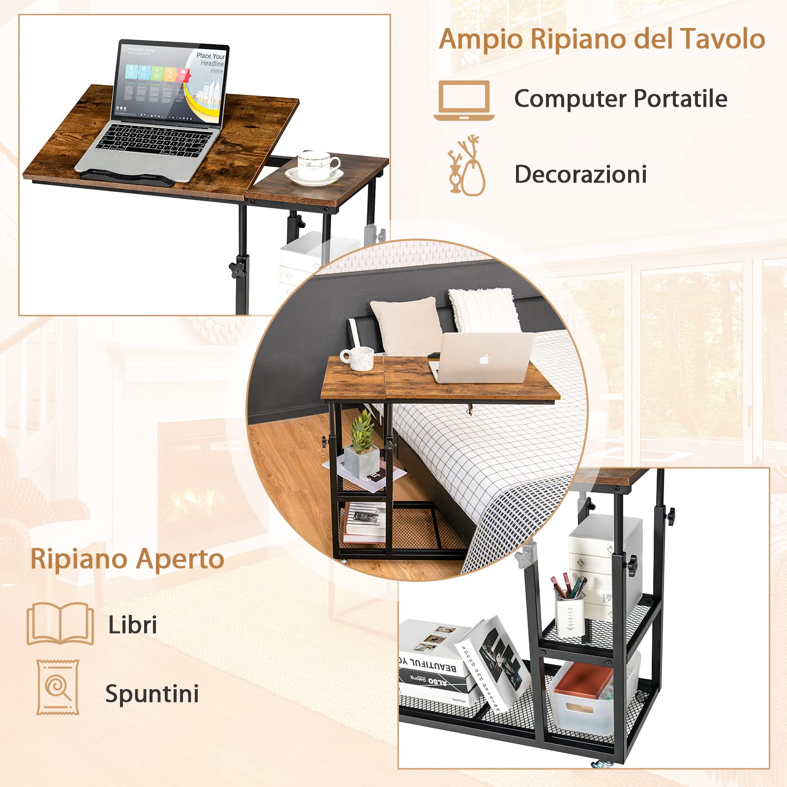 COSTWAY Tavolino Porta PC Regolabile in Altezza e Inclinazione, Tavolo Laterale per Letto e Divano con Ruote, Tavolino in Legno e Metallo per Salotto e Camera da letto, 80 x 40 x 64-95 cm (marrone)