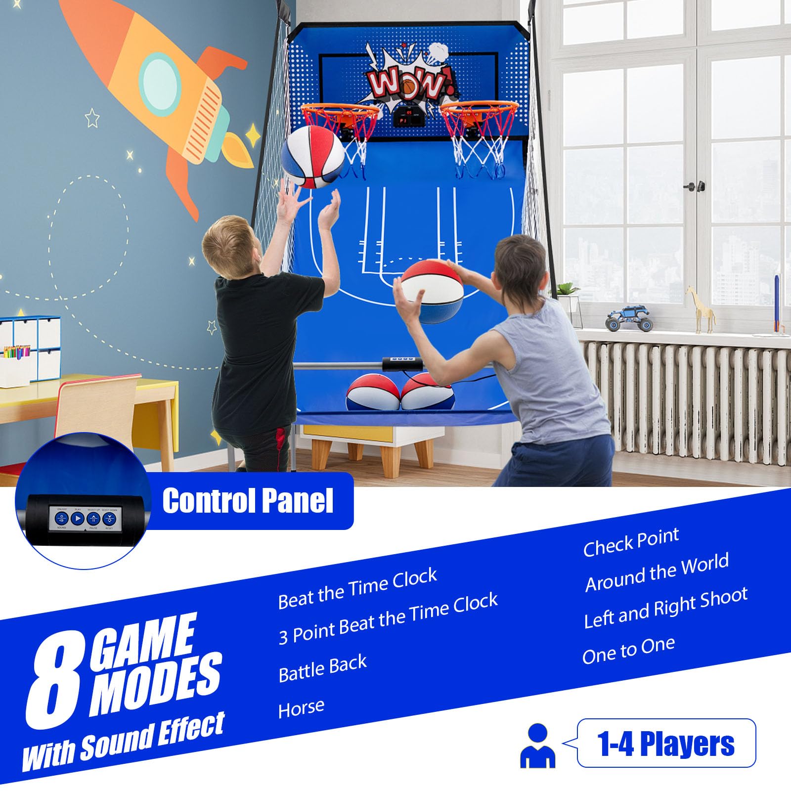 LIFEZEAL Elektrischer Basketballautomat, Baskeltballständer klappbar mit 4 Bällen & Luftpumpe, Arcade Automat mit 8 Spielmodi, Basketball Automat für 2 Spieler, Sport für drinnen & draußen (Blau)