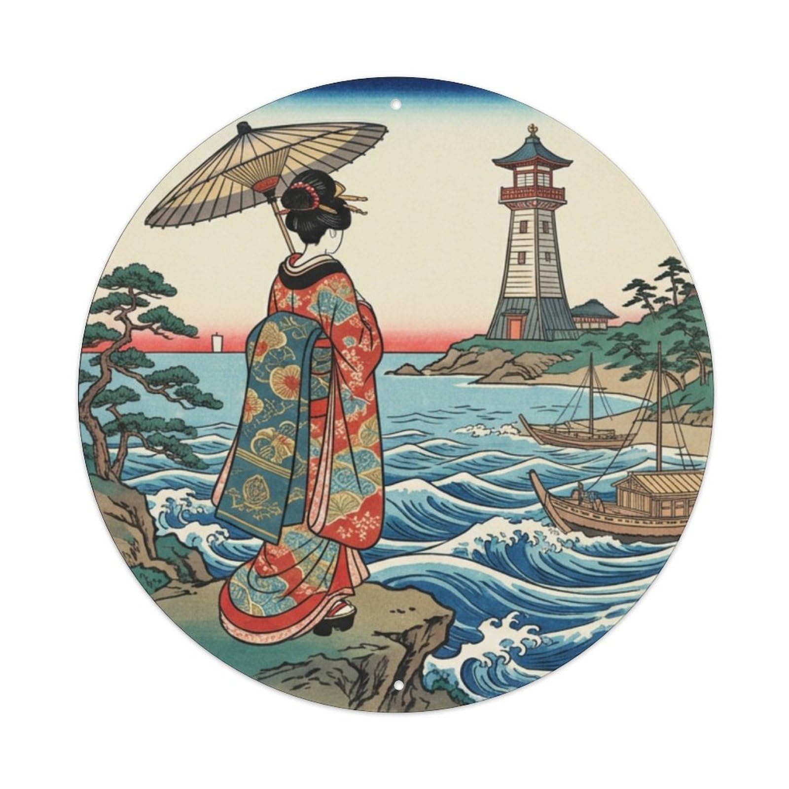 Cwbufd Vintage Style Japanese Geisha Seaside Lighthouse Observing Ocean Vintage Metal Tin Sign Plaque Wall Decor For Cafe, Club Bar, Office, Garden Metal Poster 8X8inch