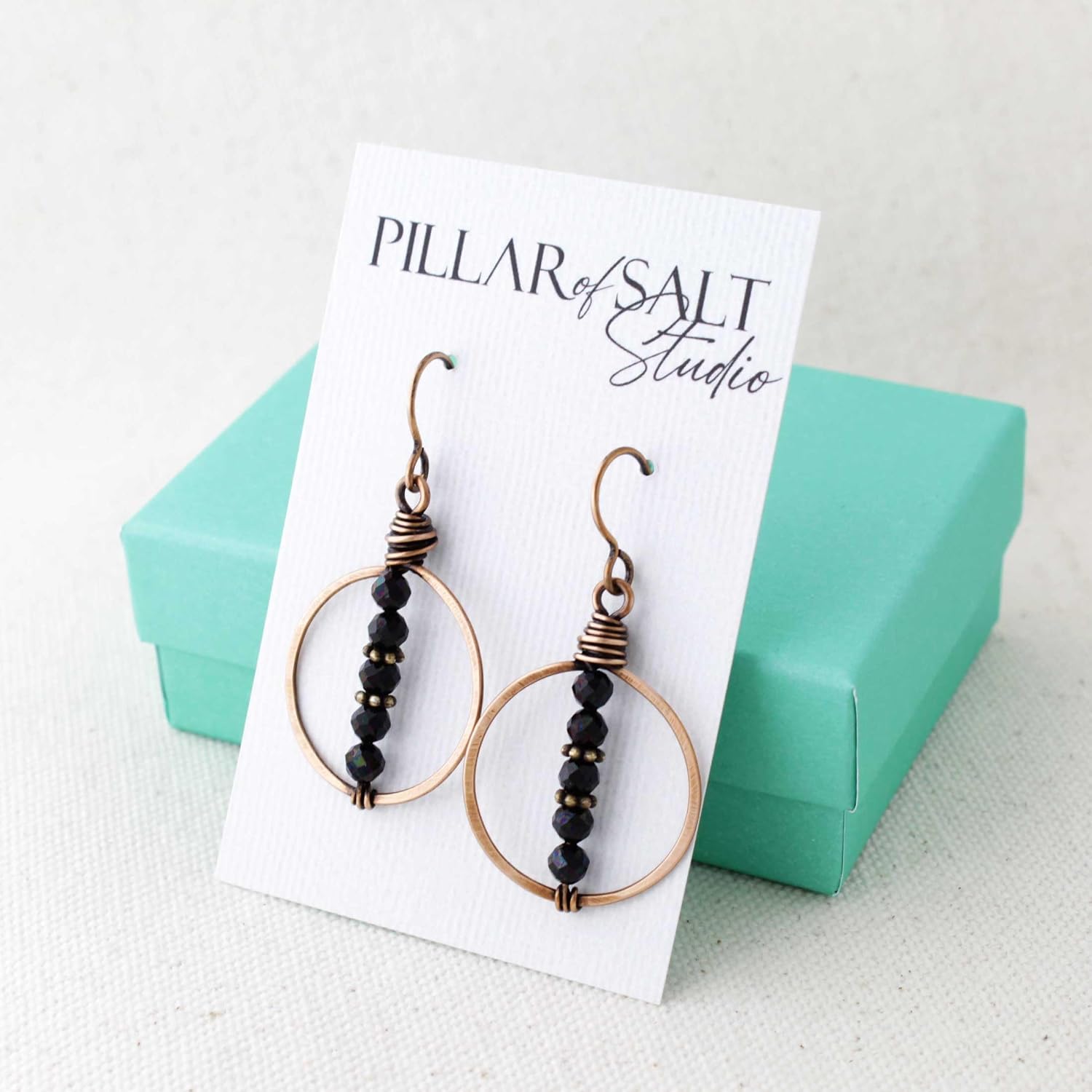 Pillar of Salt Studio Handcrafted Bronze Hoop Earrings with Black Tourmaline Gemstones (Antiqued Bronze, 1-1/4" drop)