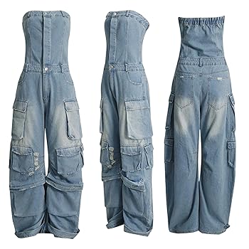 Amazon.com: LKOUS Casual Cargo Denim Jumpsuit for Women