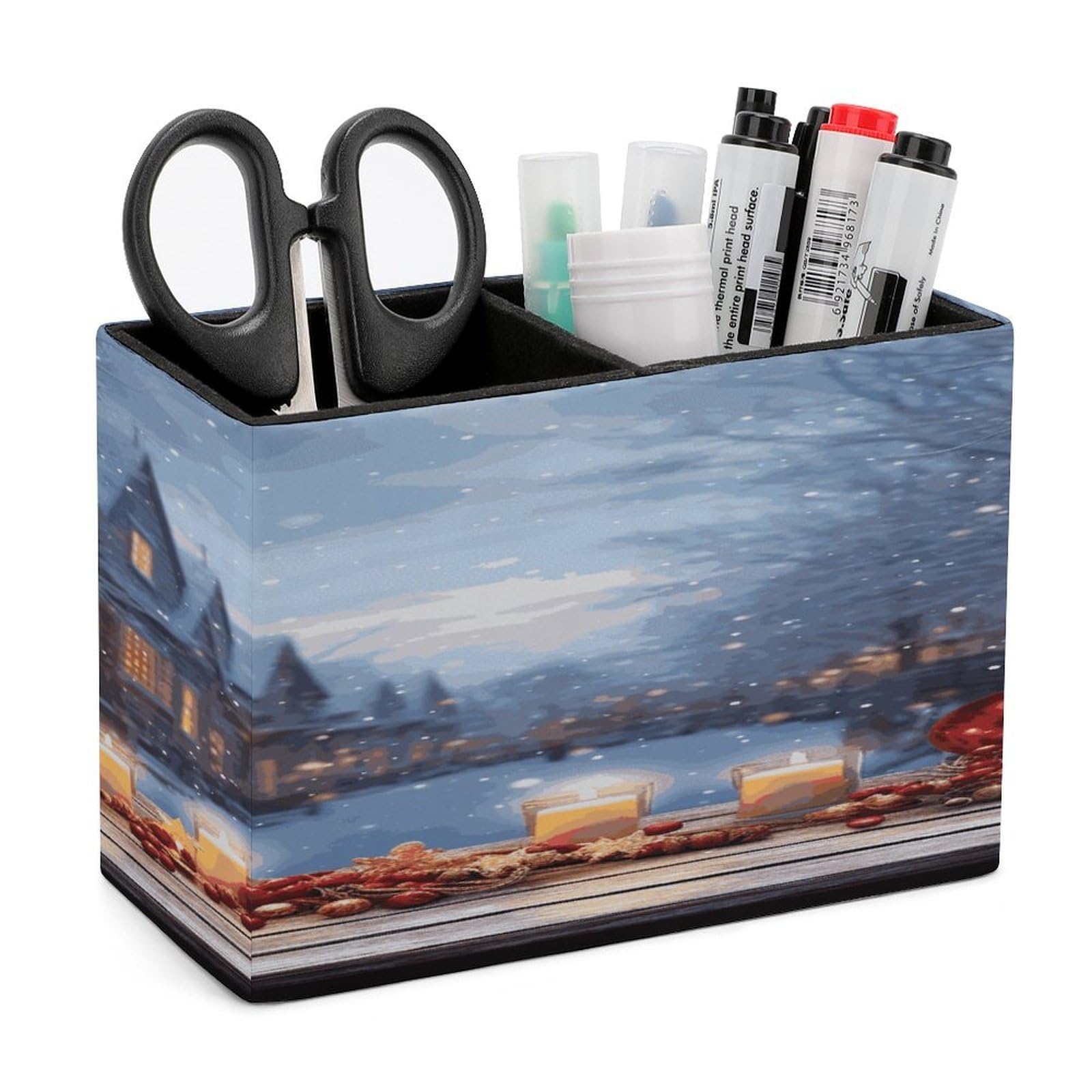 FekiLoot PU Leather Christmas Atmosphere Pen Holder for Desk 2 Compartments Desktop Stationary Organizer Rectangle Table Pencil Cup Stand Desktop Stationery Organizer Case for Office Home