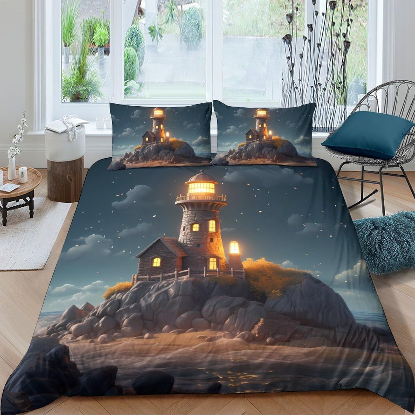 Ctjqhvkz Style-3 3D Printed Lighthouse Night Fitted Sheet Microfiber Soft Breathable Coastal Landscape Bed Cover Bedroom Decor Single（135X200cm）