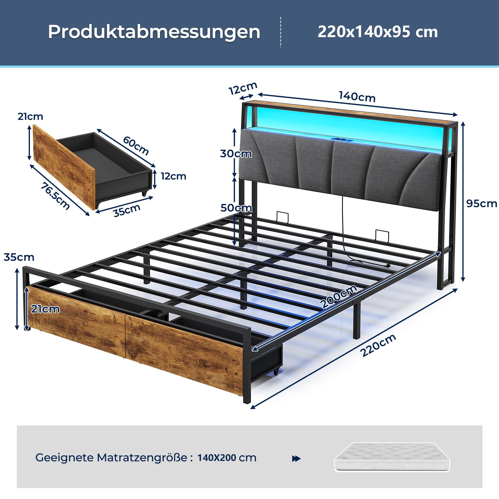 Brinlawb Bett 140x200 mit Stauraum, Lattenrost aus Metall, Bettgestell 140x200 cm mit LED & Ladestation (2 AC-Steckdosen & 2 USB-Anschlüsse), Jugendbett Doppelbett mit 2 großen Schubladen, Grau
