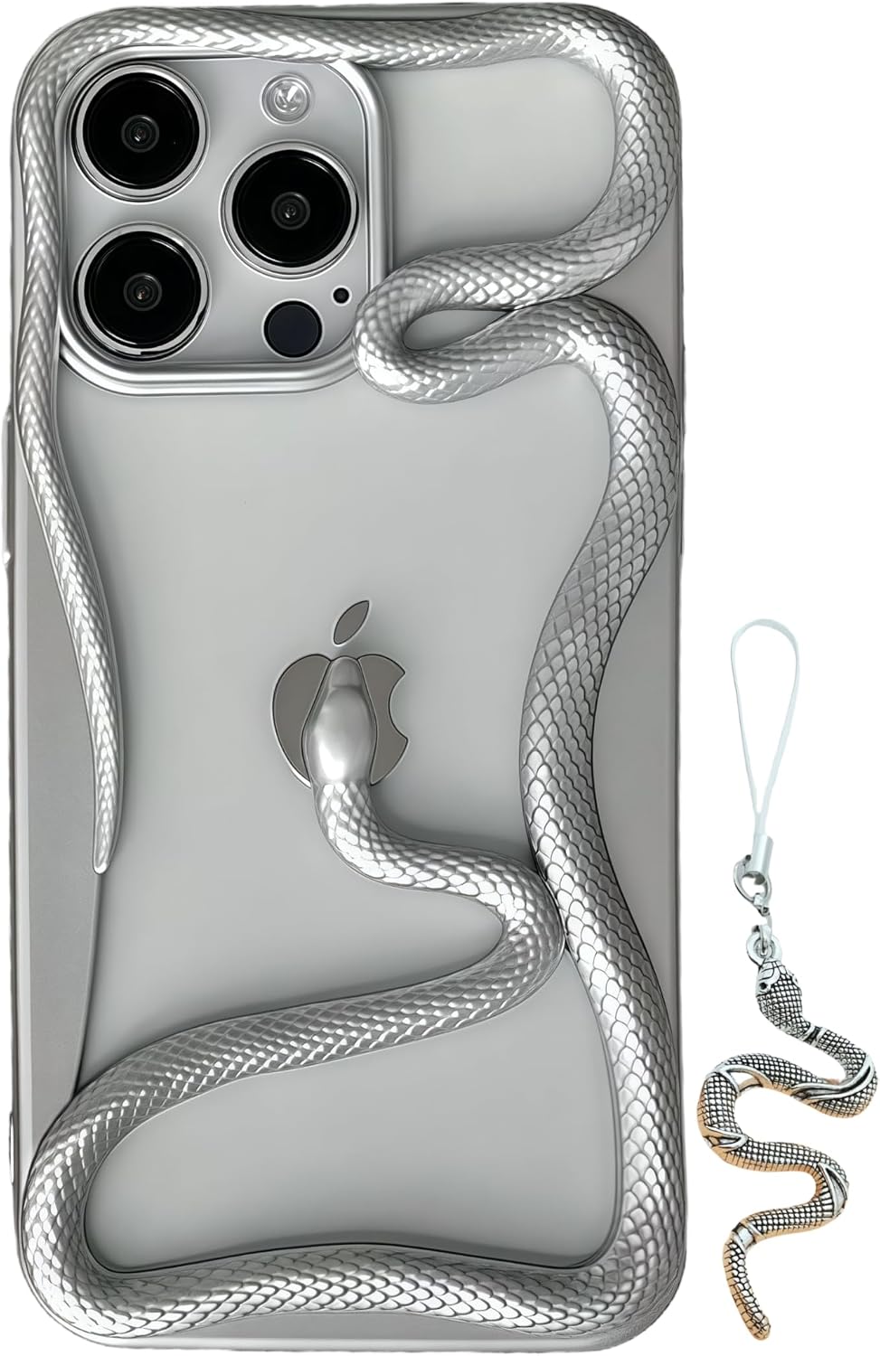 Heat Dissipation 3D Snake Phone Case, with Free Snake Keychain, Matte Color Hollow Phone Protective Cover Compatible with iPhone16/15/14/13/12/11/Plus/Pro/ProMax Phone strap (iphone16Pro,Silver)