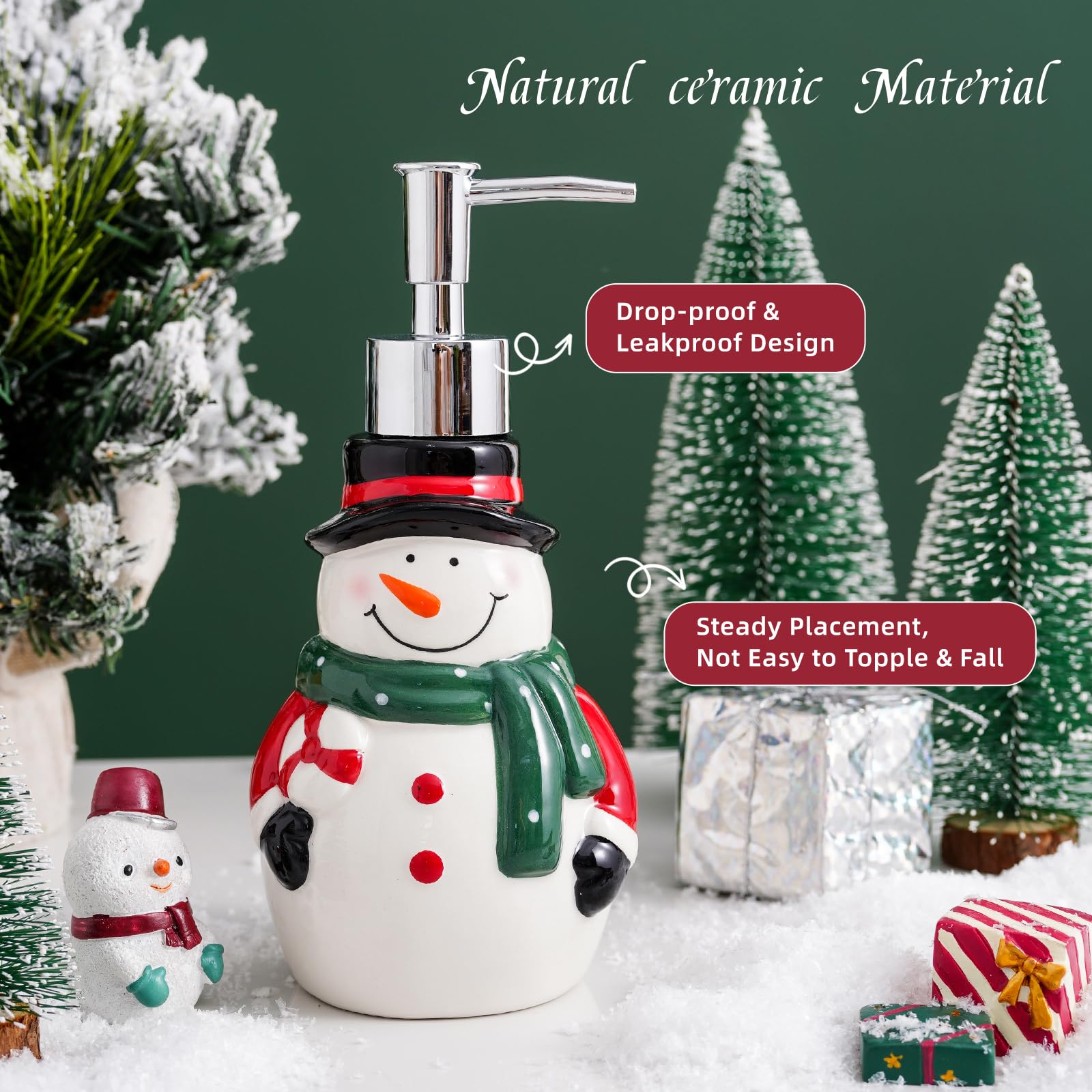 Christmas Snowman Ceramic Soap Dispenser - 10 oz Hand Lotion Bottle with Pump - Refillable Liquid Hand Soap Jar for Bathroom & Kitchen - Christmas Holiday Decor