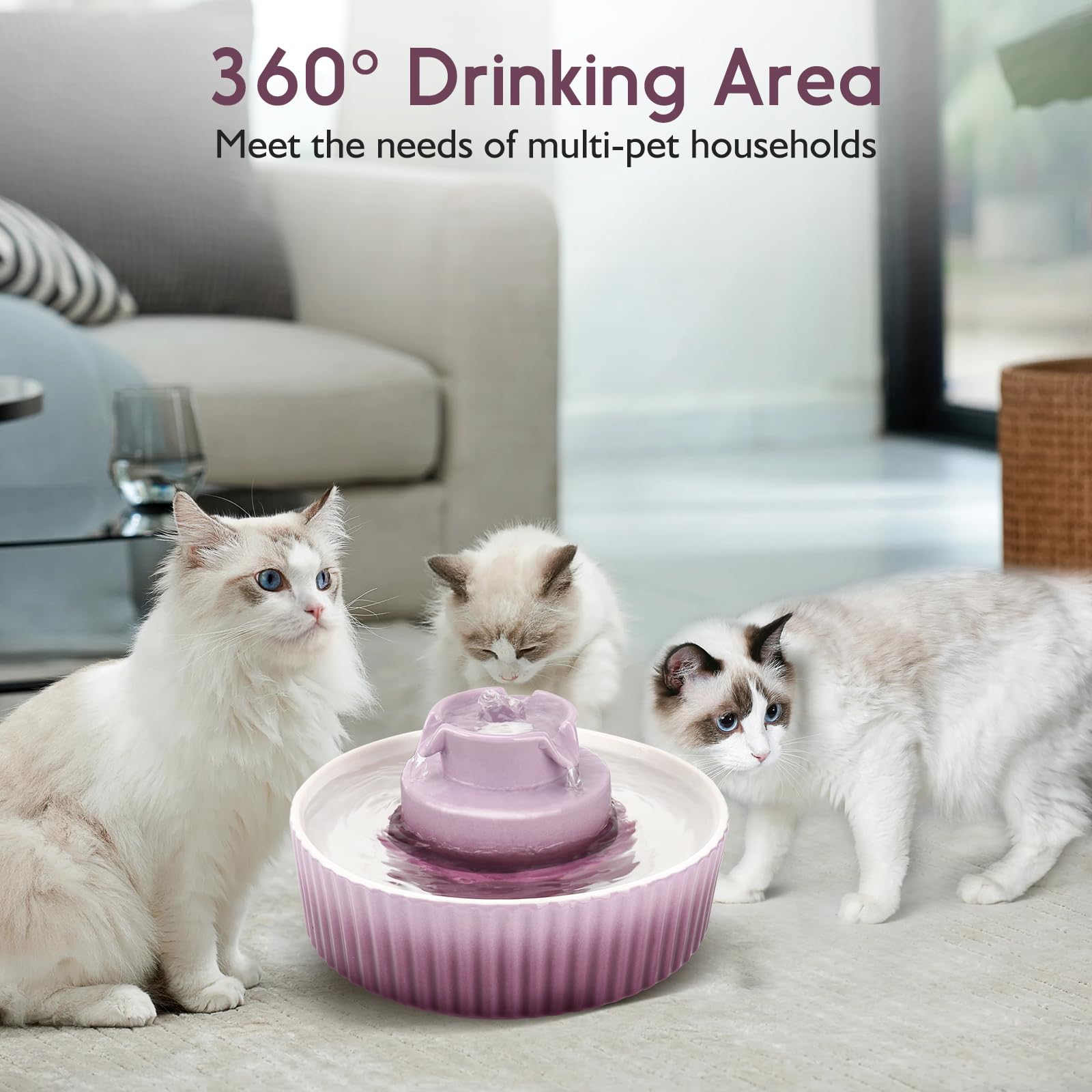 Lawfery Fuente de agua de cerámica para gatos, fuente de agua de 2.1 L/71 onzas con 3 filtros de carbono y 2 bombas de agua, fuente de agua para mascotas para gatos y perros (morado)