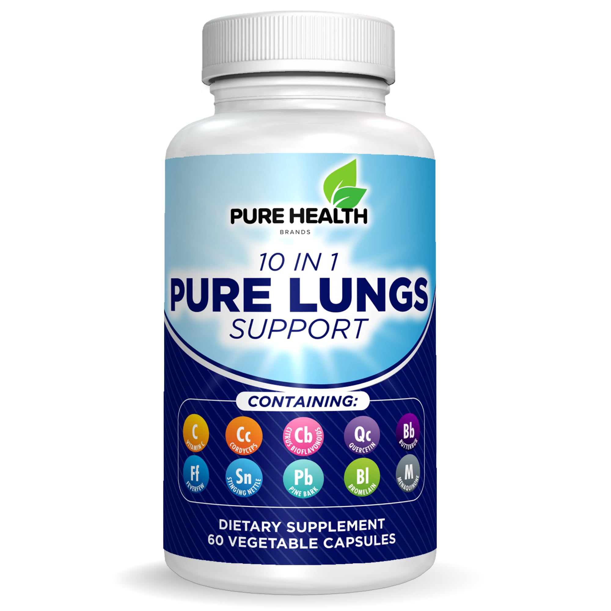 Pure Lungs Support – 10-in-1 Lung Cleanse & Detox Supplement for Smokers & Respiratory Health – with Quercetin, NAC, Cordyceps, Pine Bark, Vitamin C & Butterbur – 60 Capsules