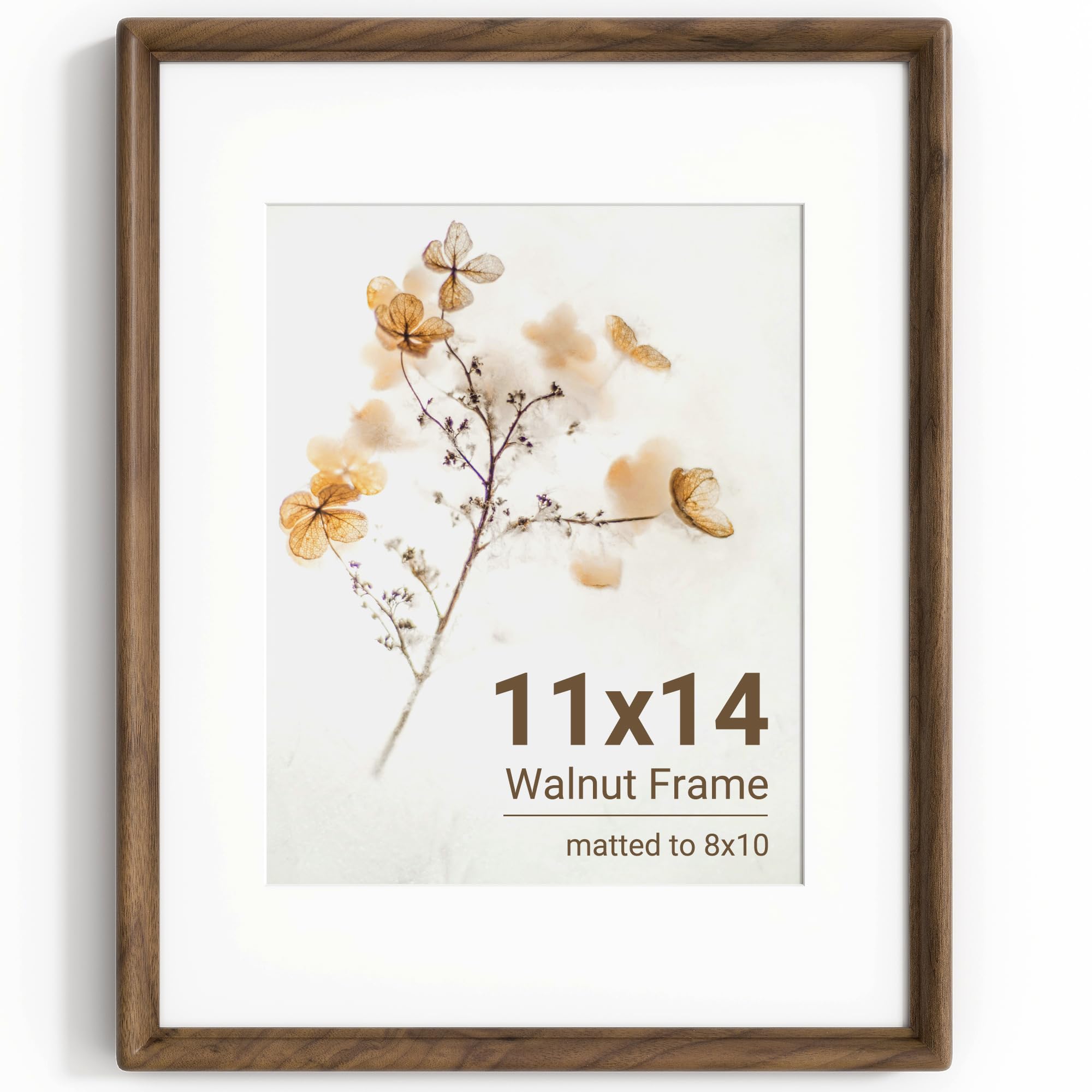 KovaScape 11x14 Photo Frame, Solid Walnut Wood Picture Frame with HD Tempered Glass, Handcrafted Real Wood Frame with Mount for 8x10 Photo, Rounded Corner Design, Wall Hanging