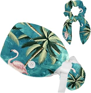 FVQL 2 Pieces Surgical Cap for Long Hair Scrub Cap with Hairband Nurse Cap, Turquoise Pattern Bird Flamingo