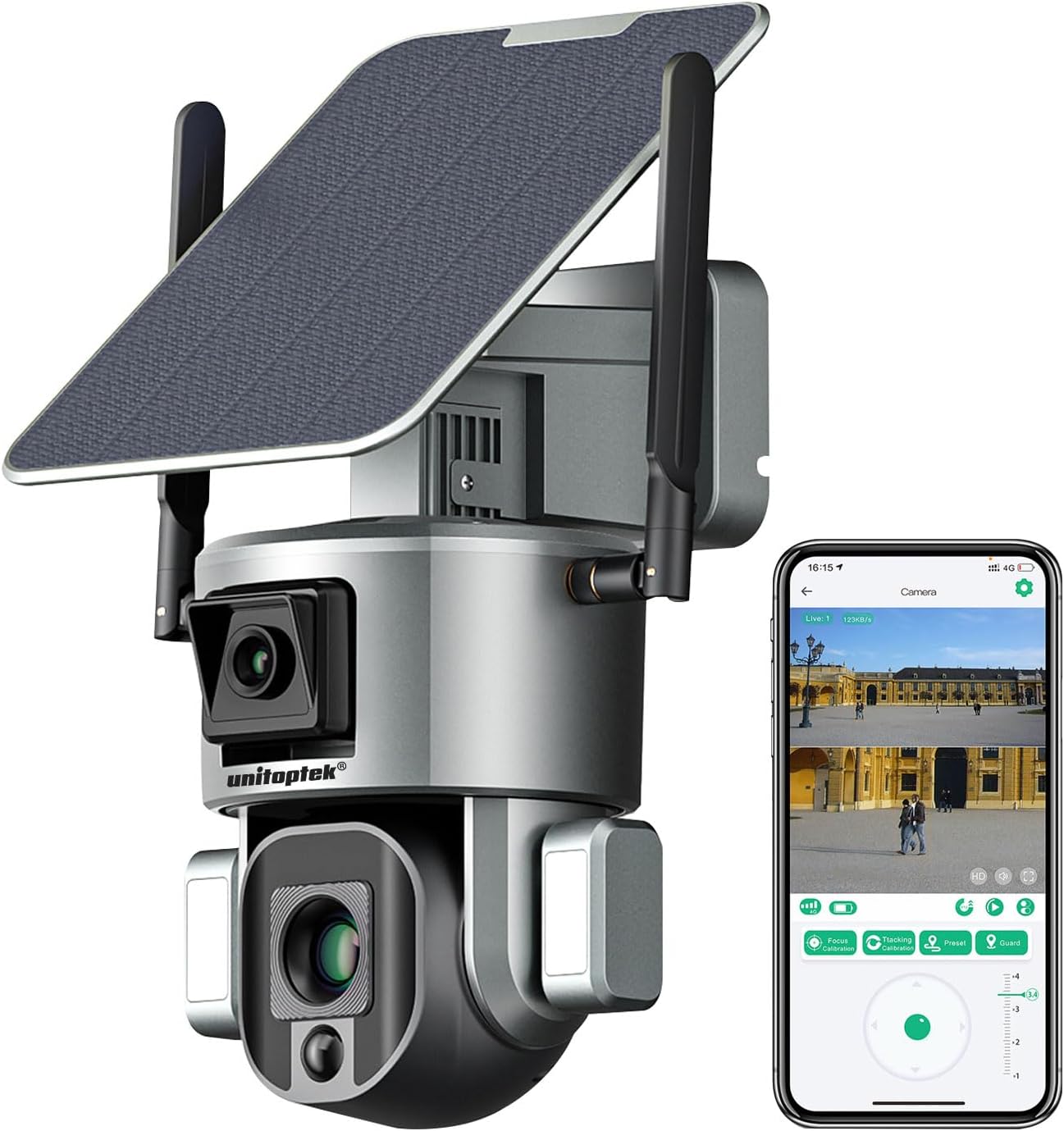Unitoptek 4K 4G LTE Cellular Security Camera Wireless Outdoor with Solar Panel Dual Lens, 360 View,10x Zoom, PIR Motion Detection, Human Tracking, Color Night Vision, Two-Way Talk IP66 Waterproof