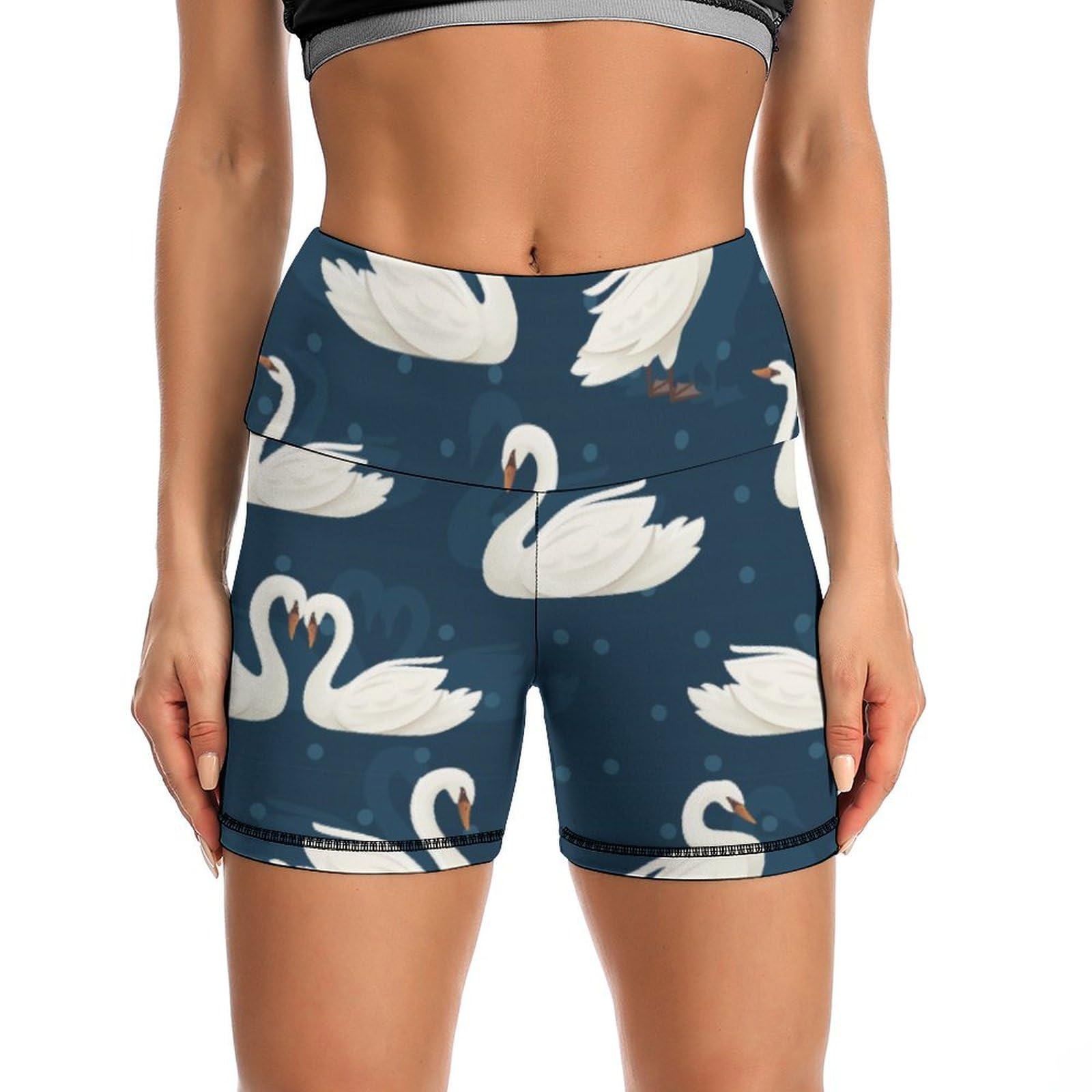 Cute Goose Animal Pattern High Waist Yoga Shorts for Women Athletic Shorts Leggings Running Pants Black