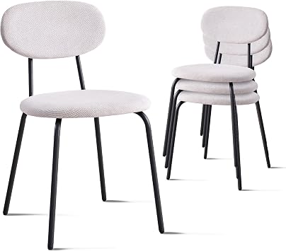 Set of 4 Stackable Dining Chairs with White Fabric Cushions