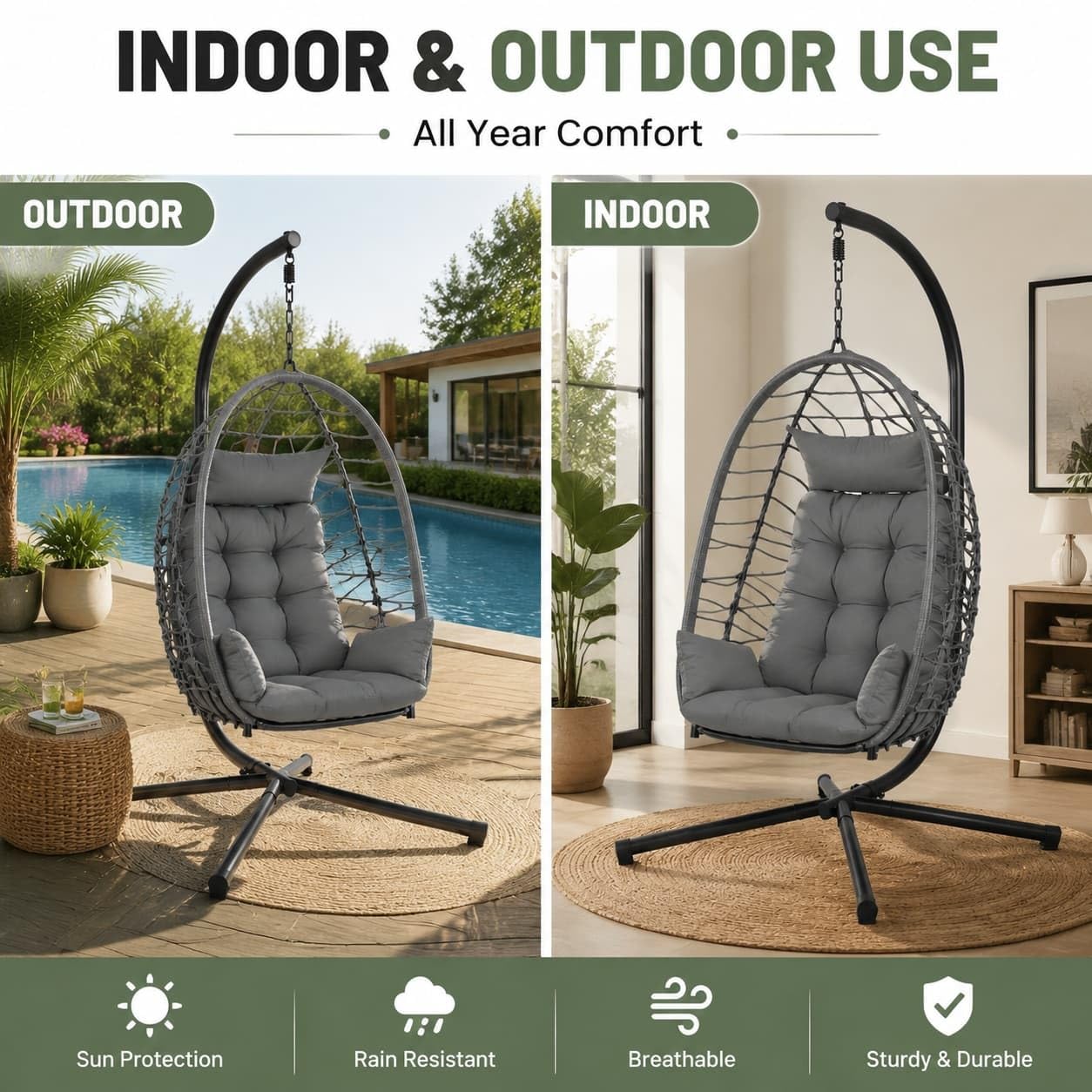 IDEALHOUSE Ei-Hängesessel grau aus Polyrattan mit Stahlrahmen – faltbar, wetterbeständig, bis 150 kg, inkl. schwarzer Schutzhülle – für Garten, Balkon, Terrasse & Indoor