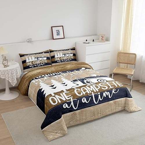 Miniatura 4 de Juego de edredón para niños y cámper tamaño Queen, ropa de cama de campamento feliz para decoración de caravana interior, ropa de cama rústica para