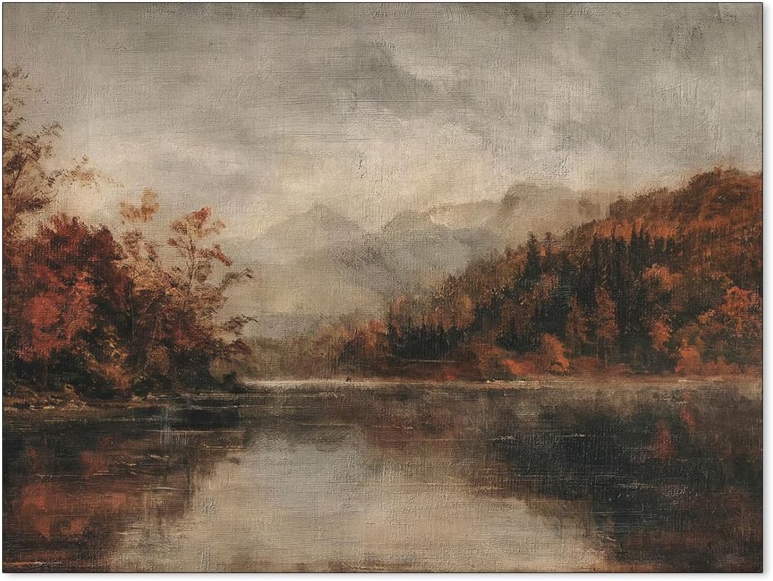 Jefuzh Rustic Lake Landscape Wall Art Moody Fall Scenery Poster Vintage Nature A…