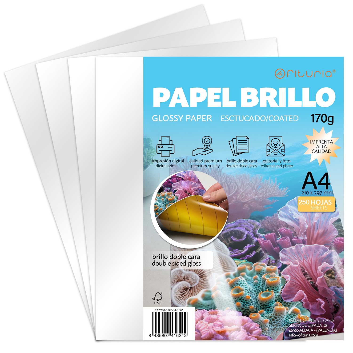 OFITURIA Papier powlekany, błyszczący, 170 g, dwustronny, A4 - kolorowy papier z połyskiem, idealny do ulotki, zdjęć, katalogów i materiałów reklamowych (250 arkuszy)