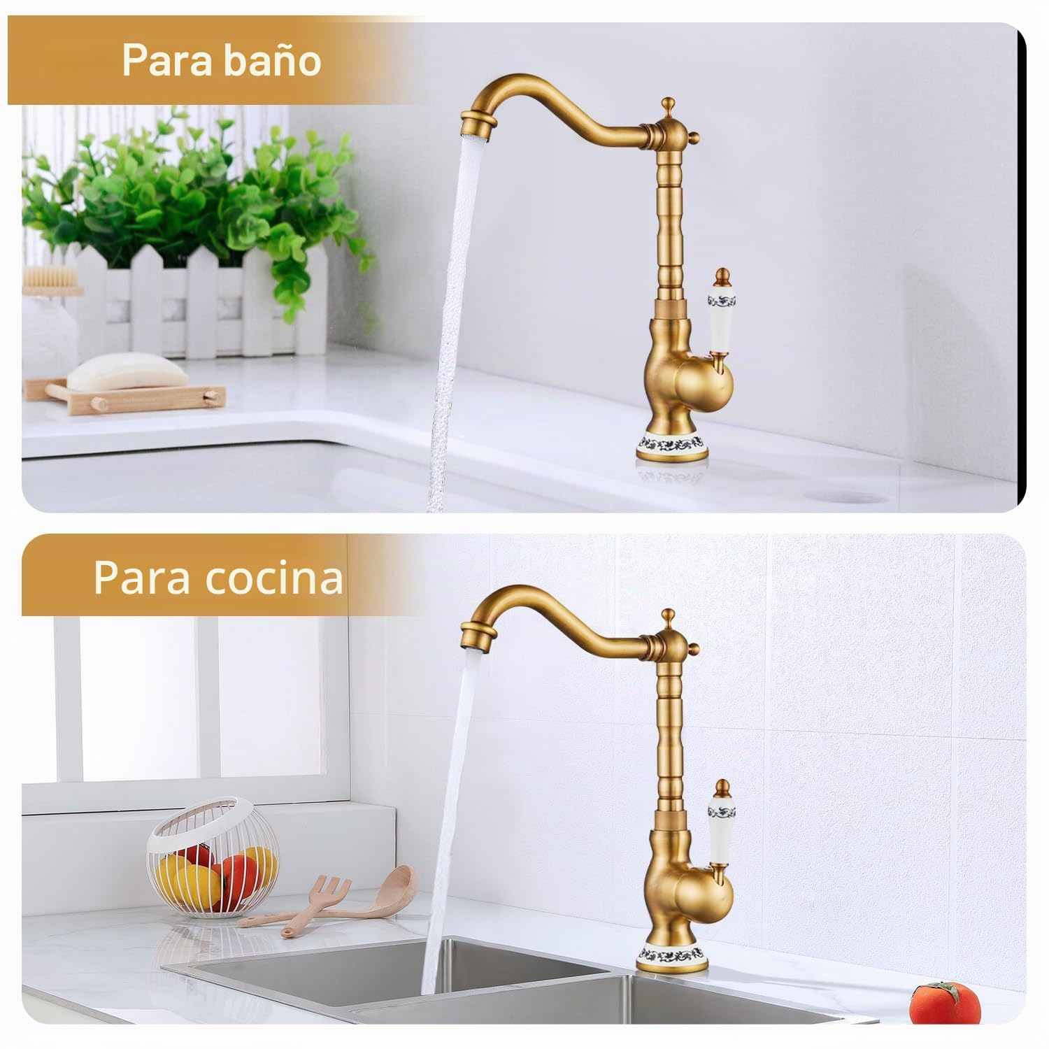 Grifo para Lavabo de Baño, Monomando Vintage de Cerámica, Estilo Retro Dorado, Latón Antiguo, con Manguera Flexible