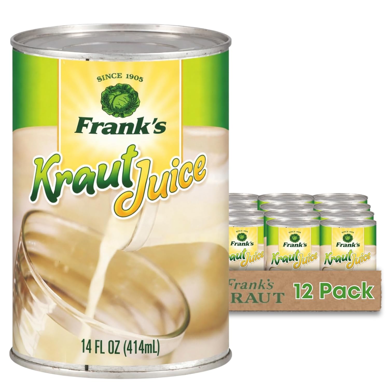 Frank’s Kraut Juice 14oz Cans (12 Pack) – Tangy Sauerkraut Juice from Naturally Fermented Cabbage | Gluten-Free, Vegan, Shelf-Stable | Great for Drinking, Cooking & Gut Health