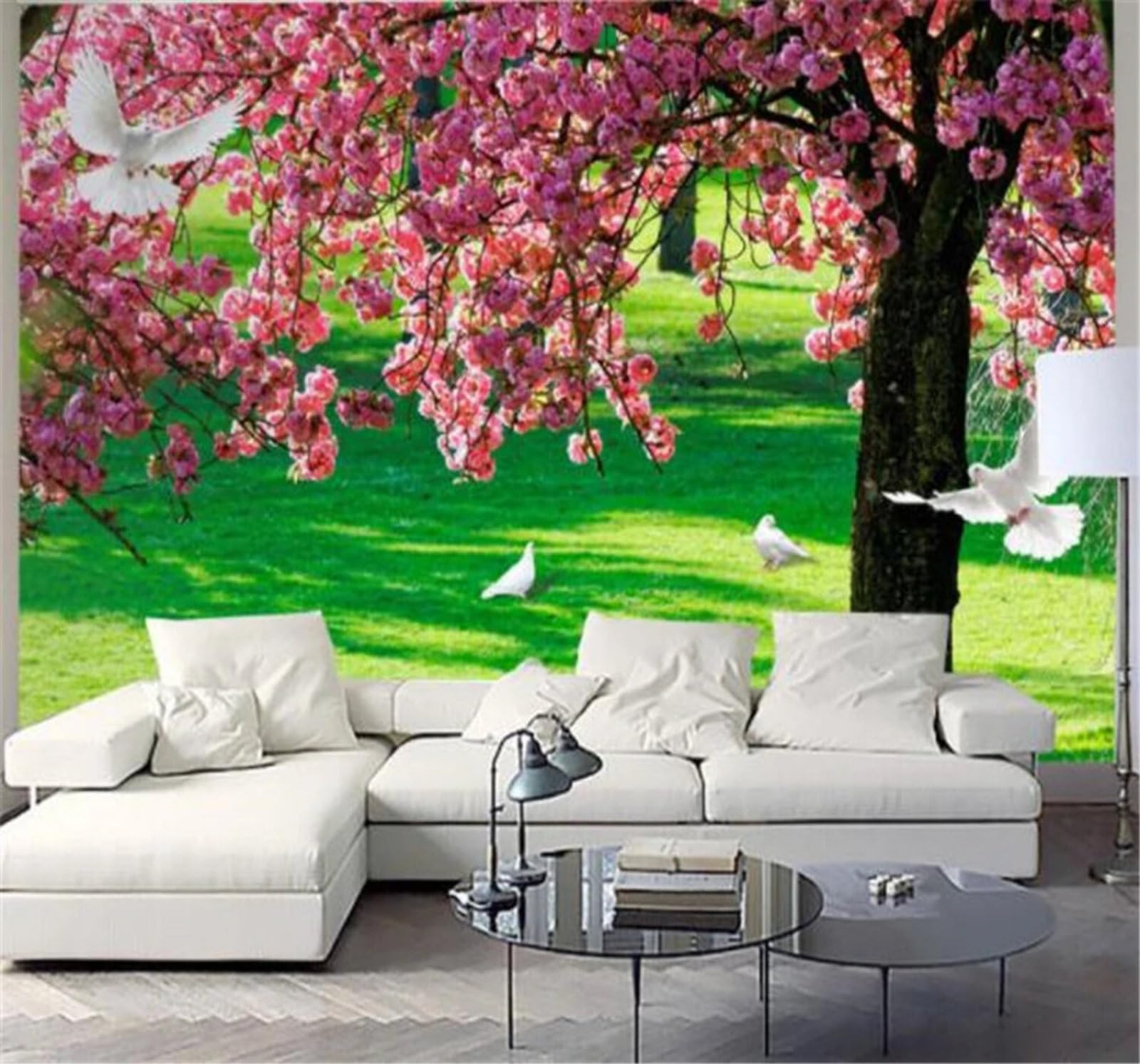 Wallpaper-3D-Xlm 300Cm×210Cm(B×H) Romantic Beautiful Cherry Tree Lawn Pigeons 3D Wallpaper Easy Install Feature Office Living Room Sofa Bedroom Tv Background Wall Decoration-300Cm×210Cm