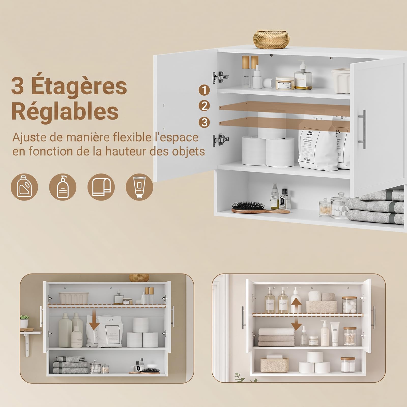 SoBuy Meuble Haut Salle de Bain avec Portes Meuble WC Suspendu 90x28,8x70cm