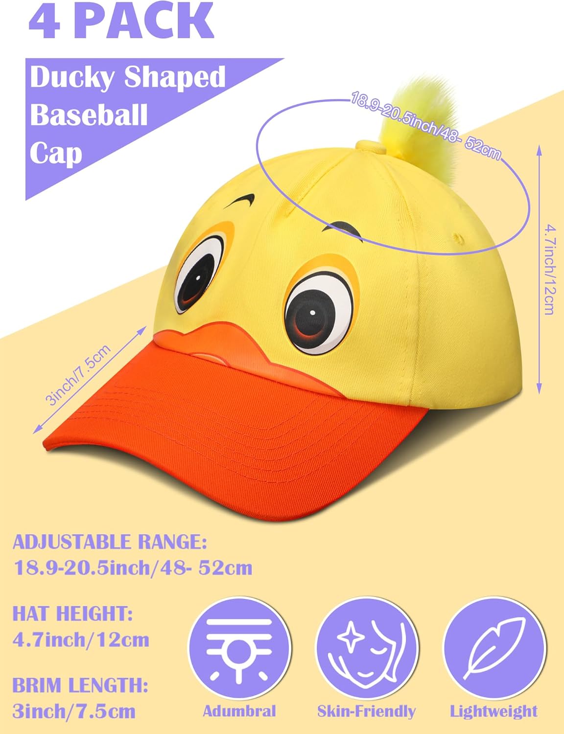 Geyoga 4 Pack Funny Rubber Duck Hats Ducky Shaped Baseball Cap Yellow Duck Print Costume Cute Baseball Hat with Adjustable Snap Back for Kids Girls Boys Themed Birthday Party
