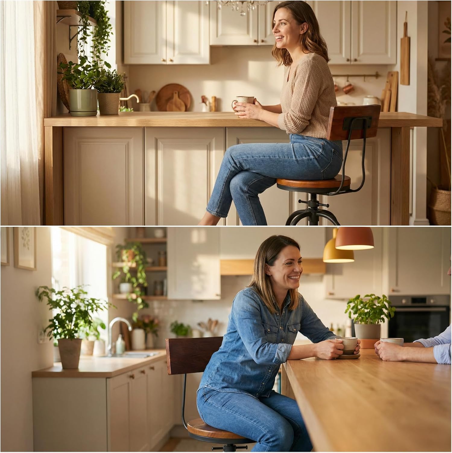 LOKKHAN Industrial Bar Stool-26-32 Inch Adjustable Swivel Round Wood Metal Kitchen Stool Rustic Farmhouse Counter Height Extra Tall Bar Height Stool-Arc-Shaped Backrest,Welded,Set of 2