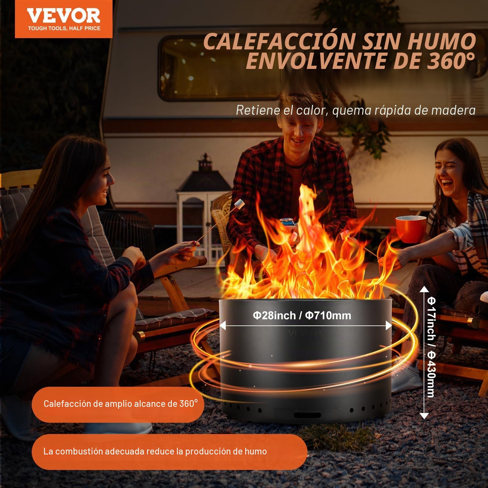 VEVOR Brasero de Leña sin Humo 710 x 450 mm Brasero con Bandeja de Ceniza Extraíble Brasero Portátil para Interiores y Exteriores de Acero Inoxidable SUS430, para Acampar en el Patio al Aire Libre