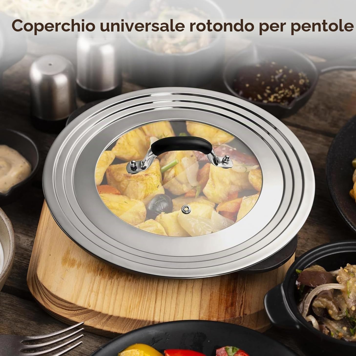 Coperchio universale per pentole e padelle, adatto per pentole/padelle/wok da 28/30/32 cm, in acciaio inossidabile e vetro, con manopola resistente al calore