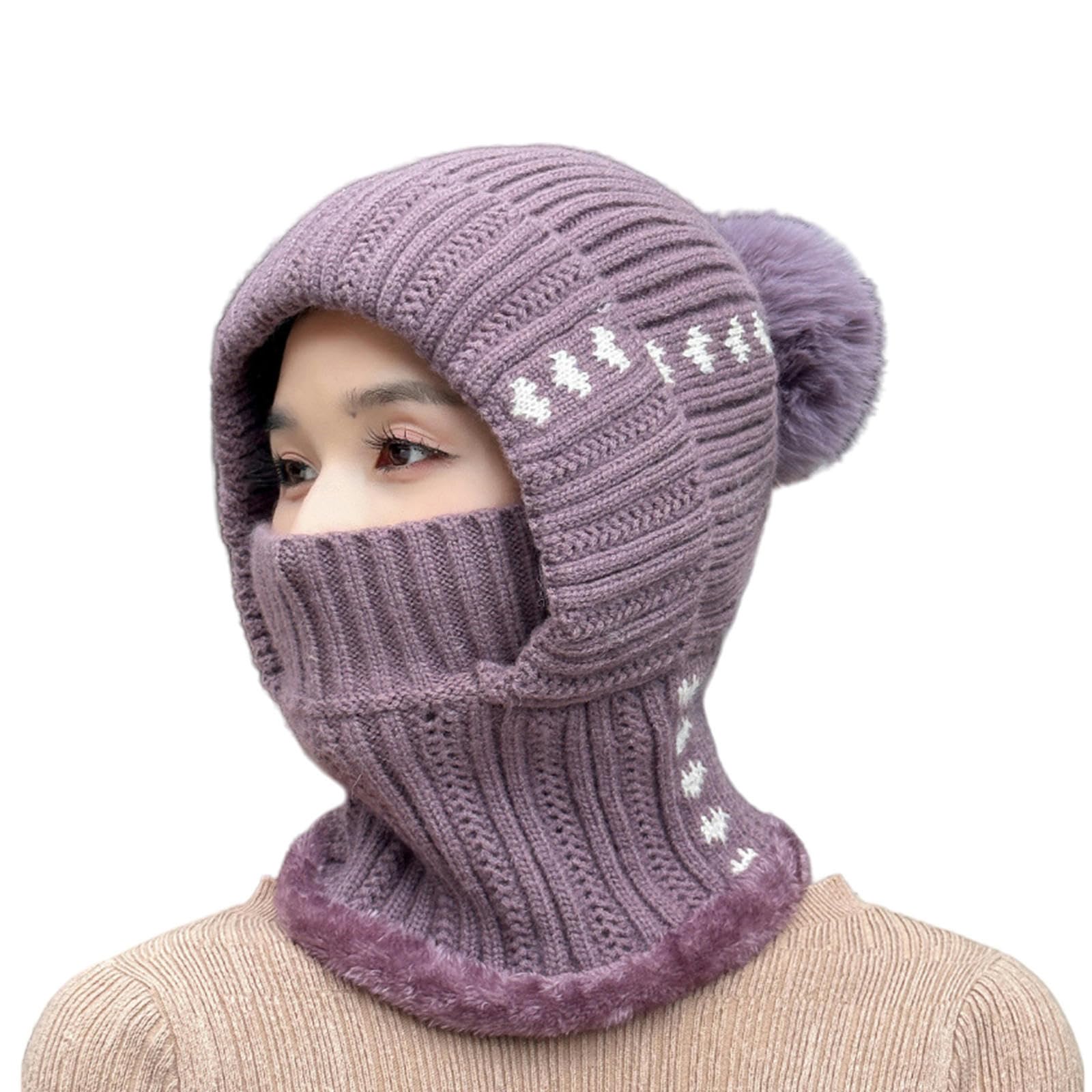 Sombrero Invierno Mujer Sombrero De Invierno para Mujeres, Máscara, Protección De La Oreja, Sombrero De Punto De Una Pieza, Lana A Prueba De Libre para Mujeres-púrpura