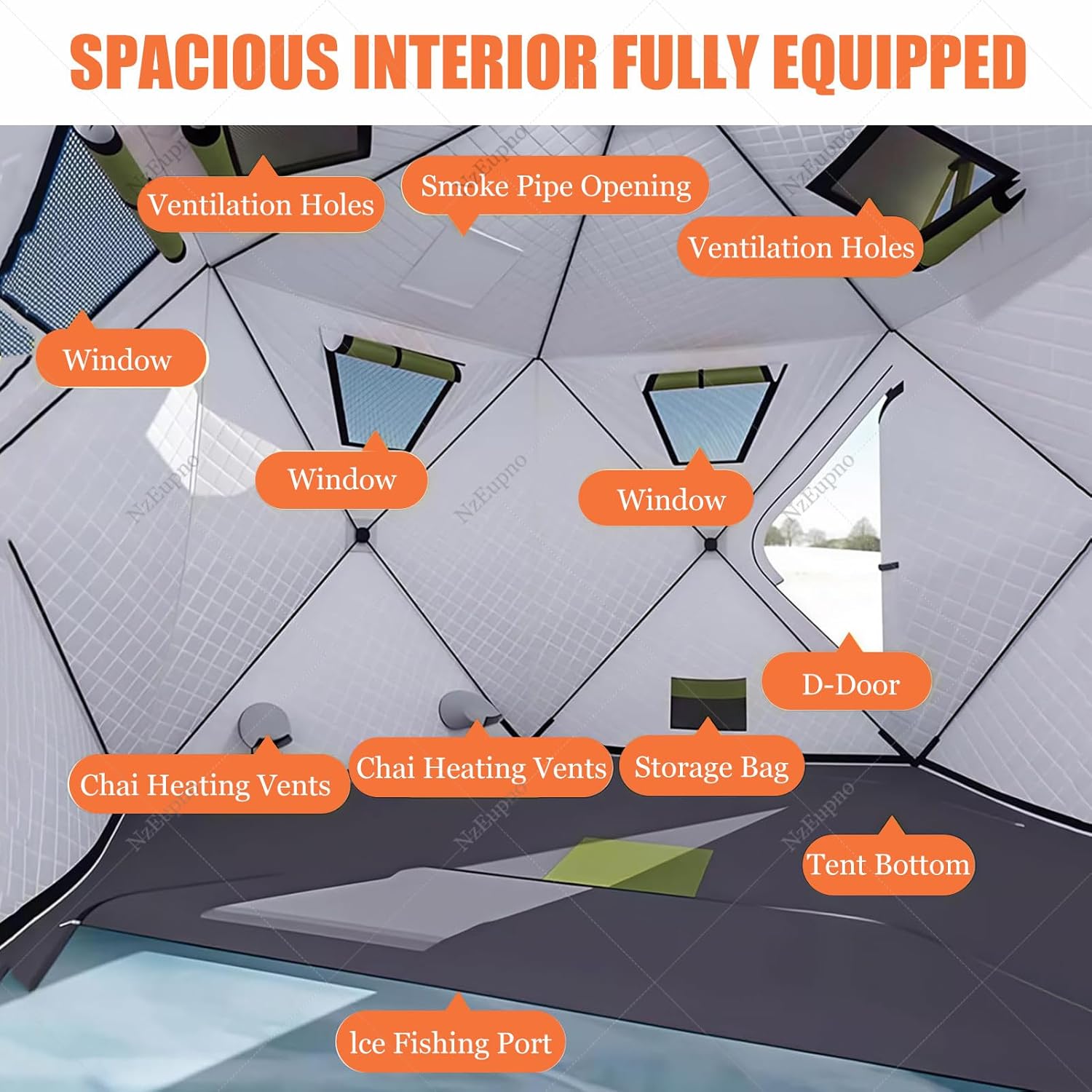 Insulated Ice Fishing Tent with Anchors, Ropes & Carry Bag, Winter Portable Pop-Up Shelter for 6-8 Person, Windproof 6 Sided Ice Shanty Hut for Outdoor Igloo Fishing Black