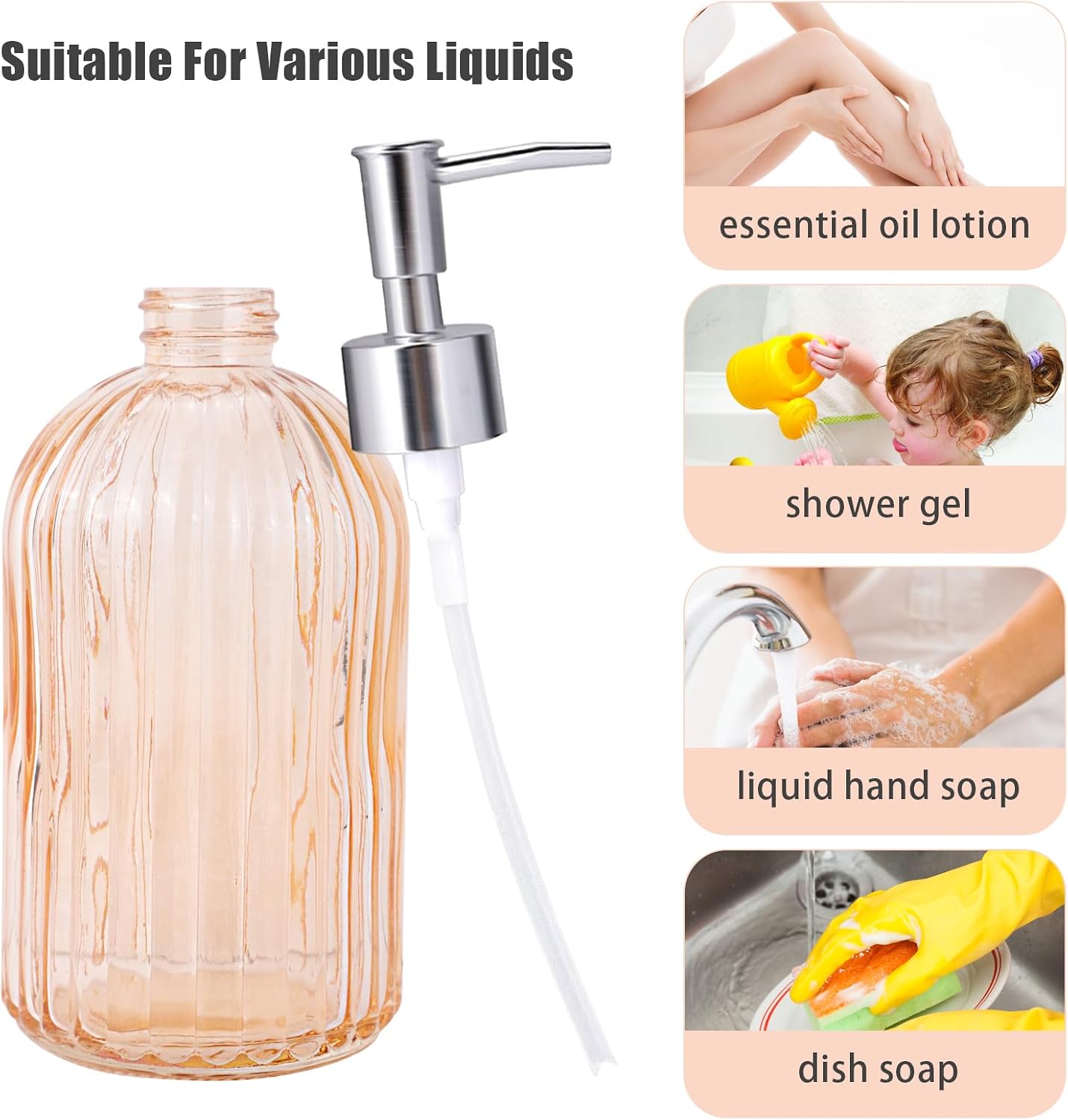 RETON 3 Pack Glass Soap Dispenser Set, 14 Oz Clear With Rust Proof Plastic Pump, Refillable Liquid Hand Dispenser for Bathroom, Kitchen Countertop (3 Colors)