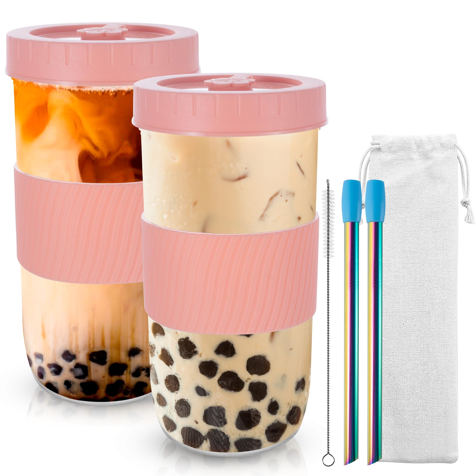 2 Pack Reusable Bubble Tea Cup, Smoothie Cup, 730ml/24oz Glass Tumbler with Lids and Straws, Leakproof Wide Mouth for Smoothie, Boba and Ice Coffee Drinks（Pink）