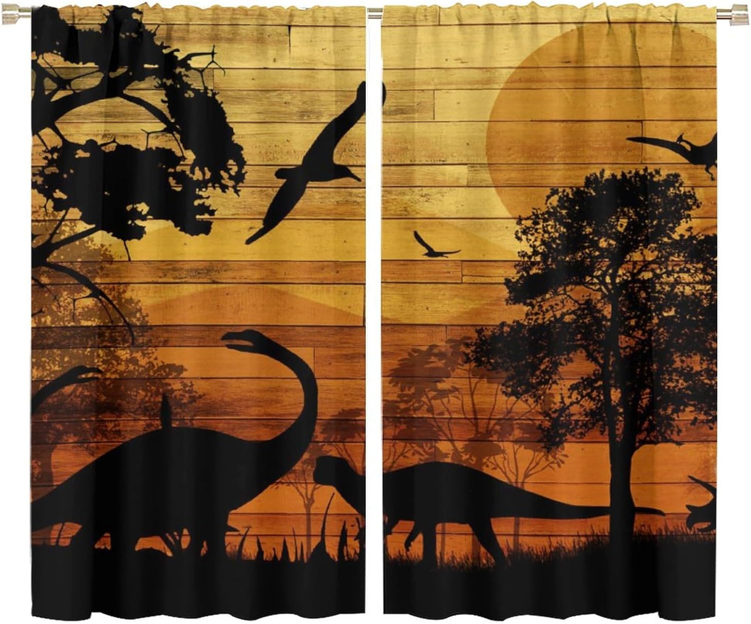 Brebasf Rustic Dinosaur Silhouette Blackout Rod Pocket Curtains,Abstract Old Wooden Board Jungle Animals Dino Prints Thermal Insulation Room Darkening Window Drapes 2 Panels 63" L x 36" W