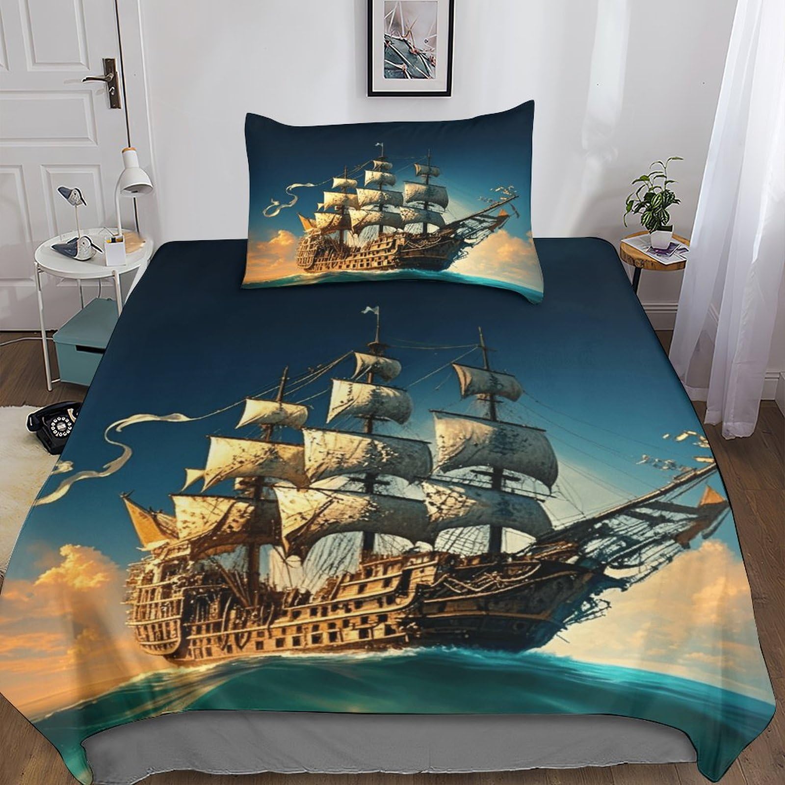 Dafufbw Boys Pirate Boat Luxe Duvet Cover Set With Hidden Zipper, Single（135X200cm） Sailboat Quilt Cover Set With Pillowcases Bedding Set Soft Microfiber For Kids & Adults