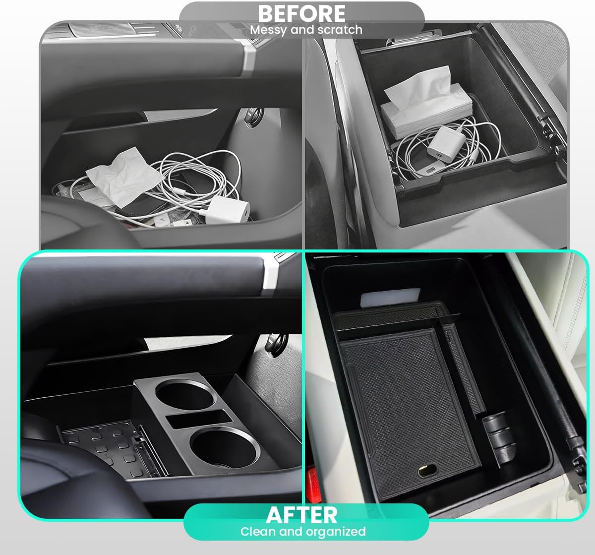 2PCS Center Console Organizers Tray Compatible with Hyundai Santa Fe 2024 2025 2026 Accessories, Armrest Storage Box + Lower Center Console Tray with Cup Holder Insert for 2024 2025 Santa Fe