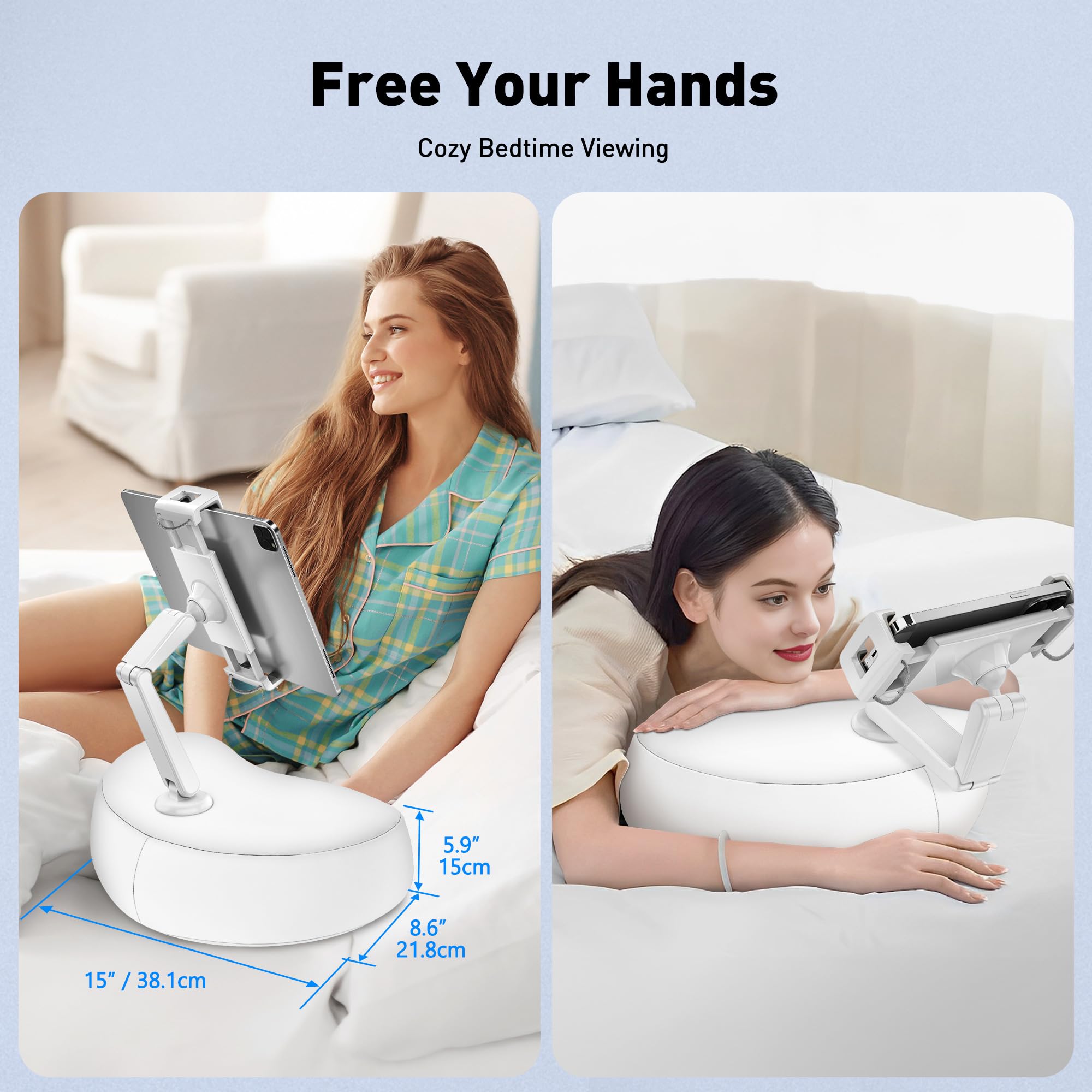 AboveTEK Tablet Kissen Halter, ipad Halterung für Schoß/Sofa mit Weichem Sitzsack, Mehrere Winkel Verstellbar Arm, ipad-Halter Bett für Kindle Handys Tablets von 4,7 bis 12,9 Zoll (Weiß)
