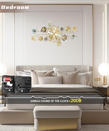 Miniatura 6 de Reloj de pared para sala de estar, reloj de pared silencioso decorativo, diseño retro 3D de hoja de ginkgo de metal, para oficina, dormitorio,