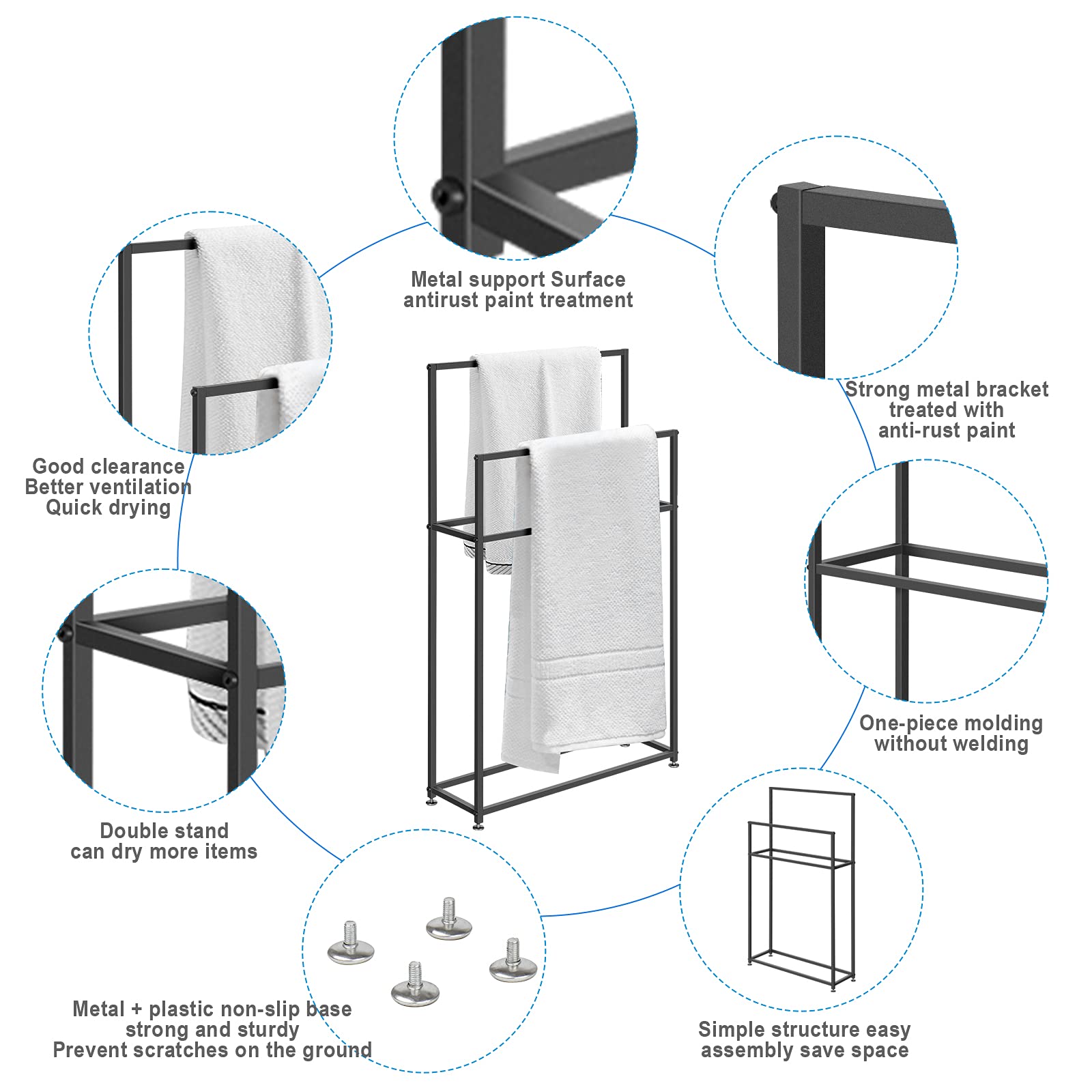 Wing Toallero de pie Negro Metal Toalleros repisa para baño con 2 Barras, Elegante baño toallero en Estilo Moderno, H 110cm,85×20×110cm(L×W×H)
