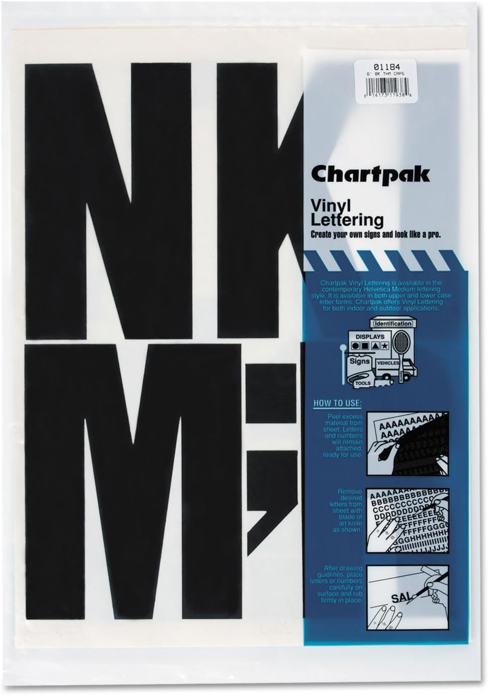 Chartpak 01184 Press-On Vinyl Uppercase Letters, Self Adhesive, Black, 6-Inch h, 38/Pack